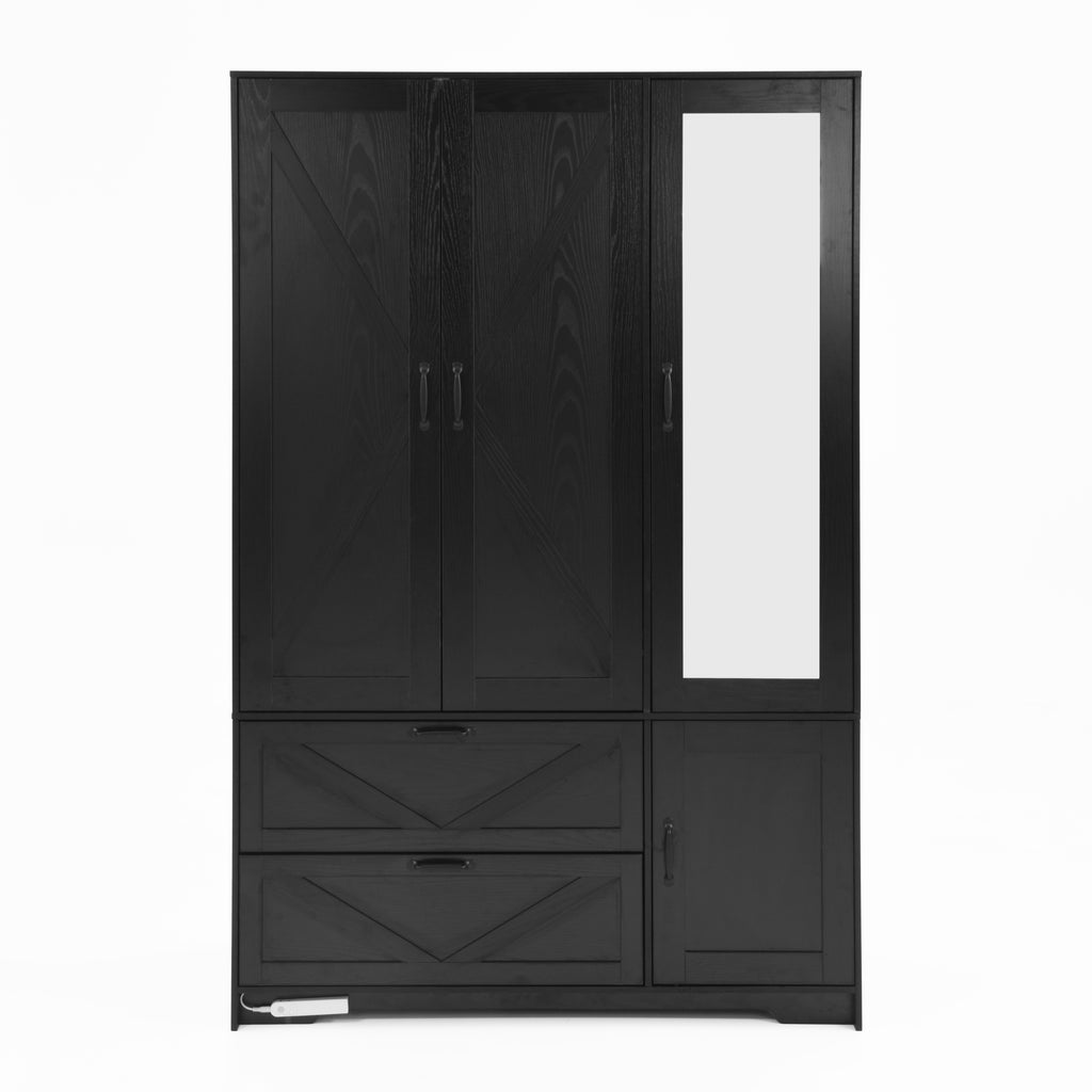 4 Doors Wardrobe Closet with Mirror, LED Wardrobe with Doors and 2 Drawers, Wooden Wardrobe Storage Cabinet with Hanging Rod, Adjustable Shelves, Black - Grand Goldman Shop