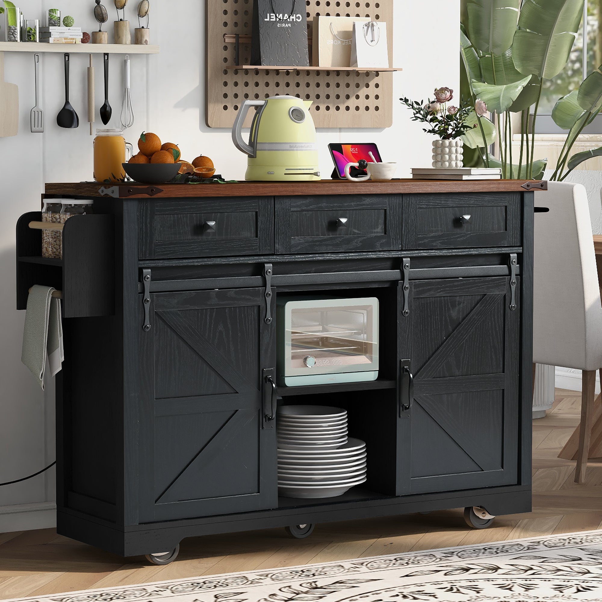 K&K 53.7' Farmhouse Kitchen Island with Power Outlet, 2 Sliding Barn Door Kitchen Storage Island with Drop Leaf, Spice Rack Rolling Kitchen Cart on Wheels, for Home, Kitchen and Dining Room, Black - Grand Goldman Shop