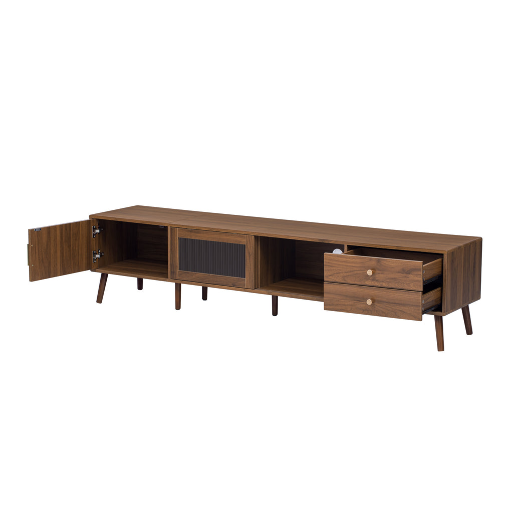 76' Modern Minimal Glass-Doors TV Stand for TVs up to 85 Inches, Wood-Grain Entertainment Center with Storage Cabinets, TV Media Console Table for Living Room, Bedroom - Grand Goldman Shop