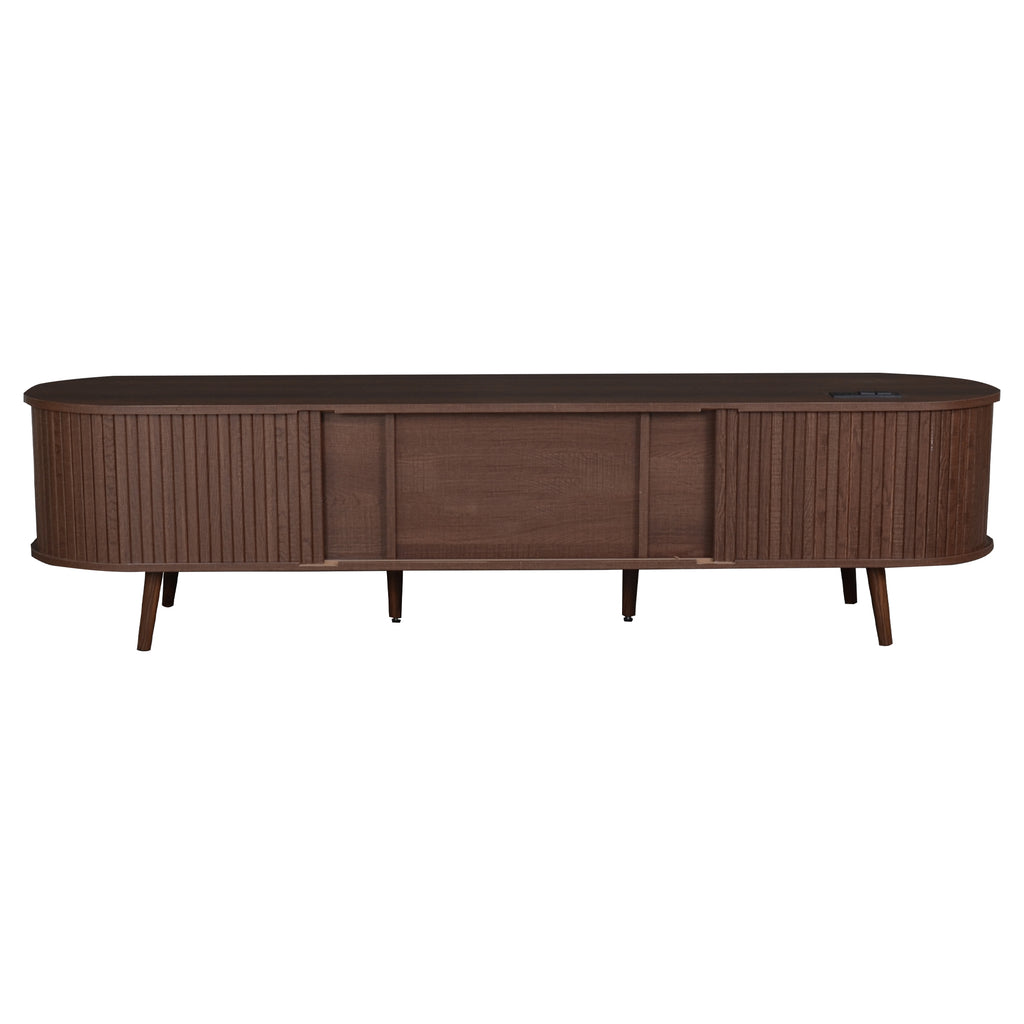 Mid Century Modern TV Stand for 70-Inch TV, Dark Brown MDF & Solid Wood Console with Tambour Doors, Drawers and Built-in Power Outlet - Grand Goldman Shop