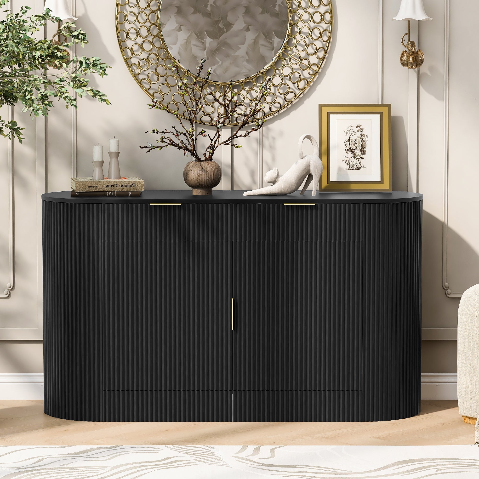 U_STYLE 55.1' Modern Storage Cabinet – 2 Doors & 2 Drawers, Stripe MDF Sideboard with Aluminum Handles, Curved Side Door & 3-Tier Shelves, Buffet Cabinet for Living Room, Bedroom, Dining Room - Grand Goldman Shop