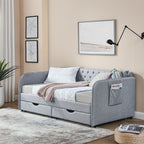 Linen Grey Mid-Century Style Twin Daybed with Trundle and Storage Drawers, Flat Arms with Pocket, Extendable for Bedroom or Living Room - Grand Goldman Shop