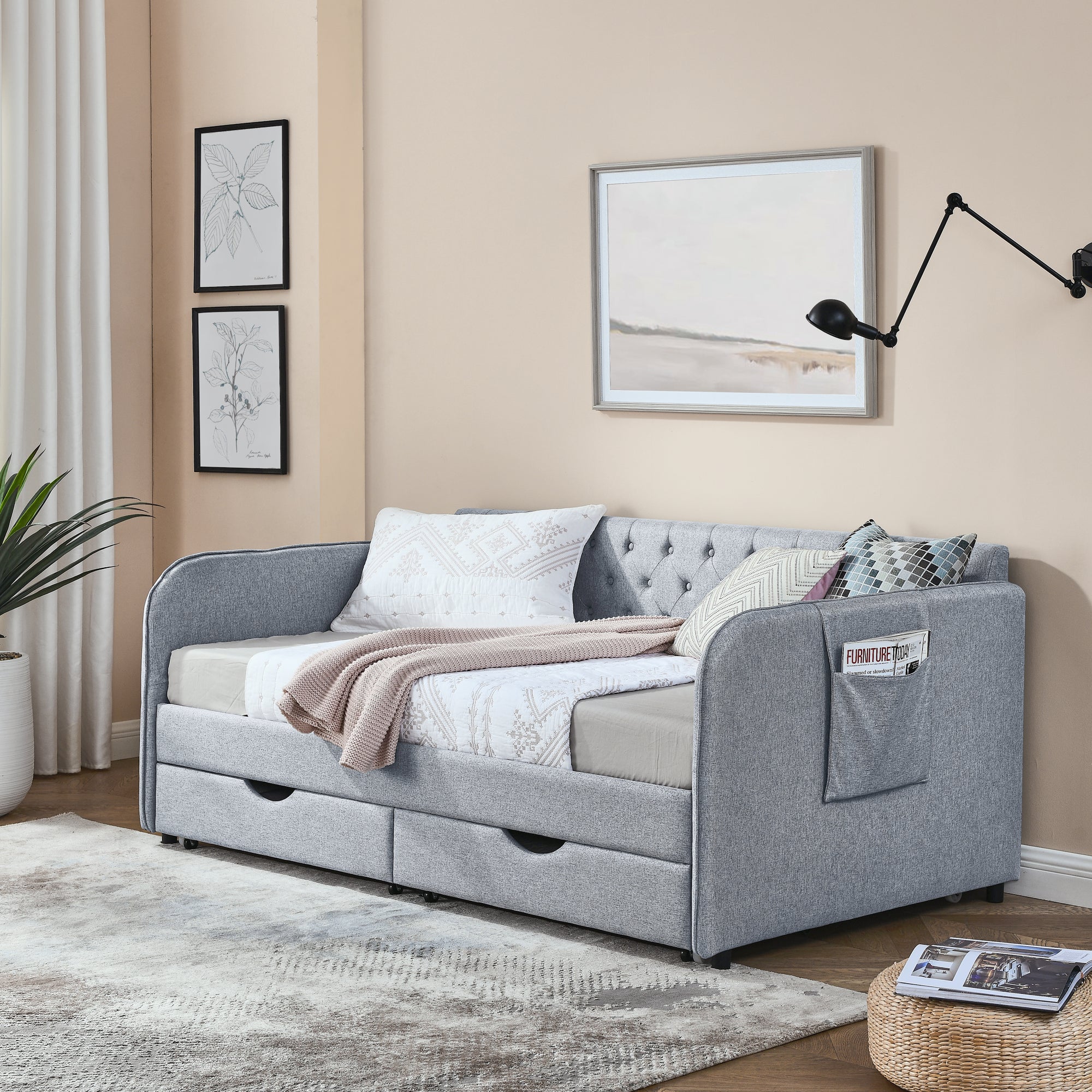 Linen Grey Mid-Century Style Twin Daybed with Trundle and Storage Drawers, Flat Arms with Pocket, Extendable for Bedroom or Living Room - Grand Goldman Shop