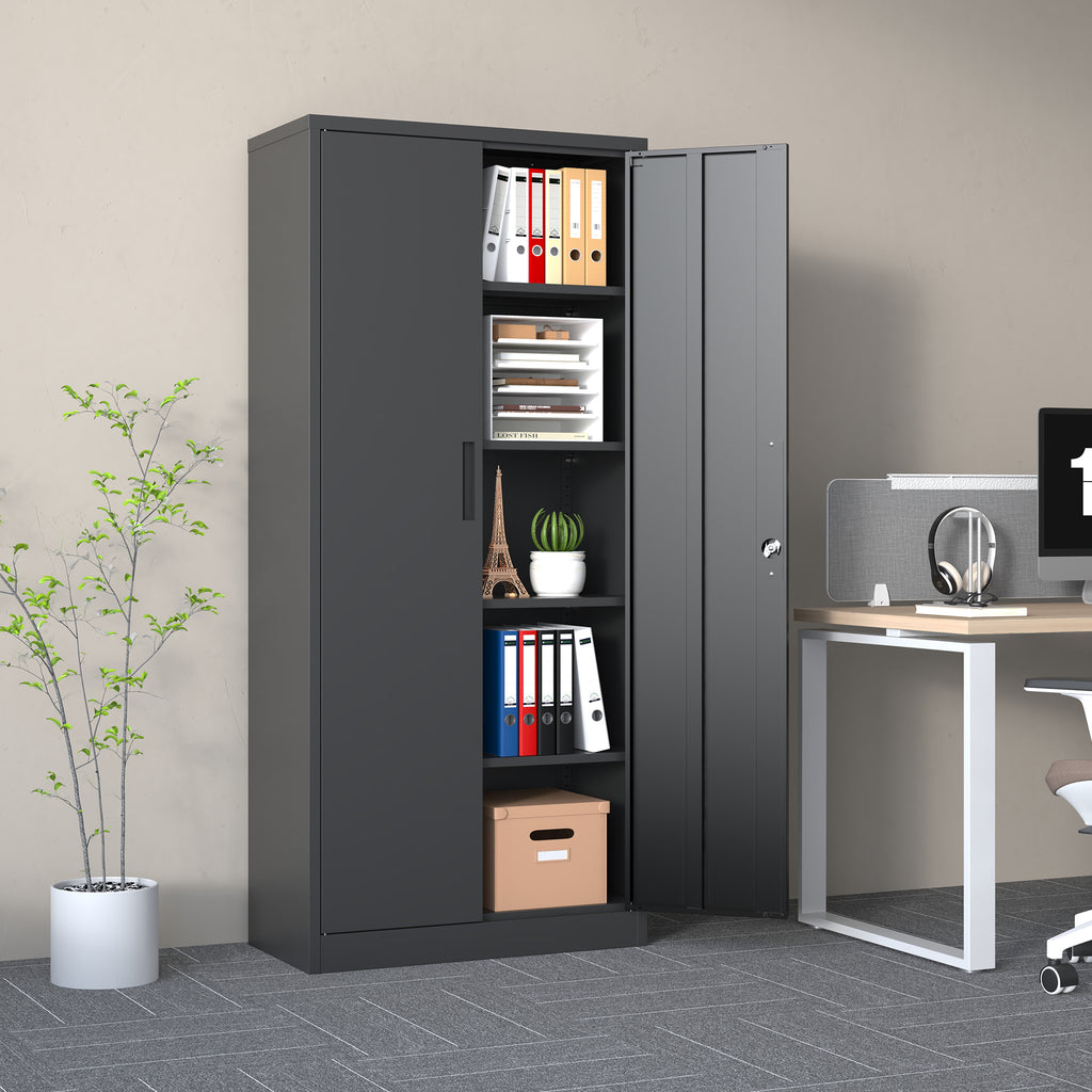 Heavy Metal 72'H Garage Storage Cabinet with Locking Doors, Black Steel, Adjustable Shelves - Grand Goldman
