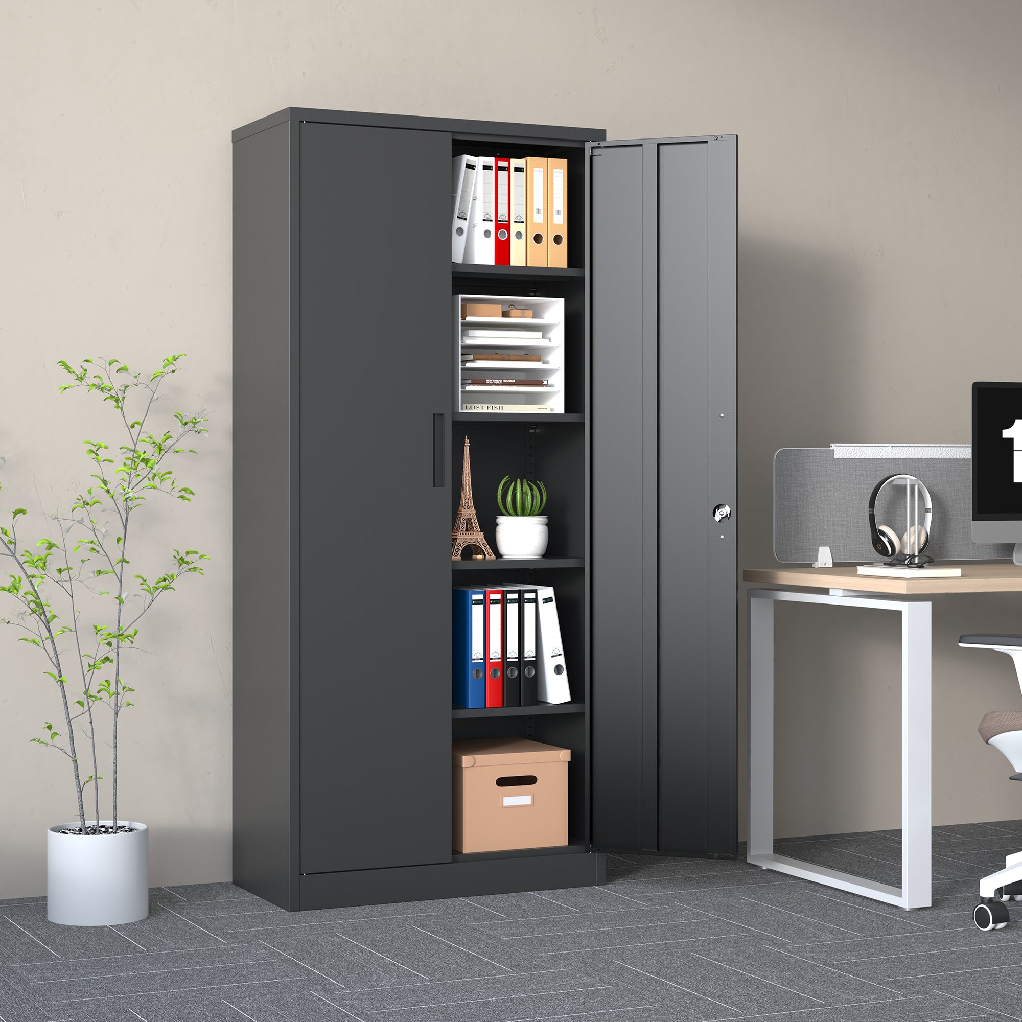 Heavy Metal 72'H Garage Storage Cabinet with Locking Doors, Black Steel, Adjustable Shelves - Grand Goldman