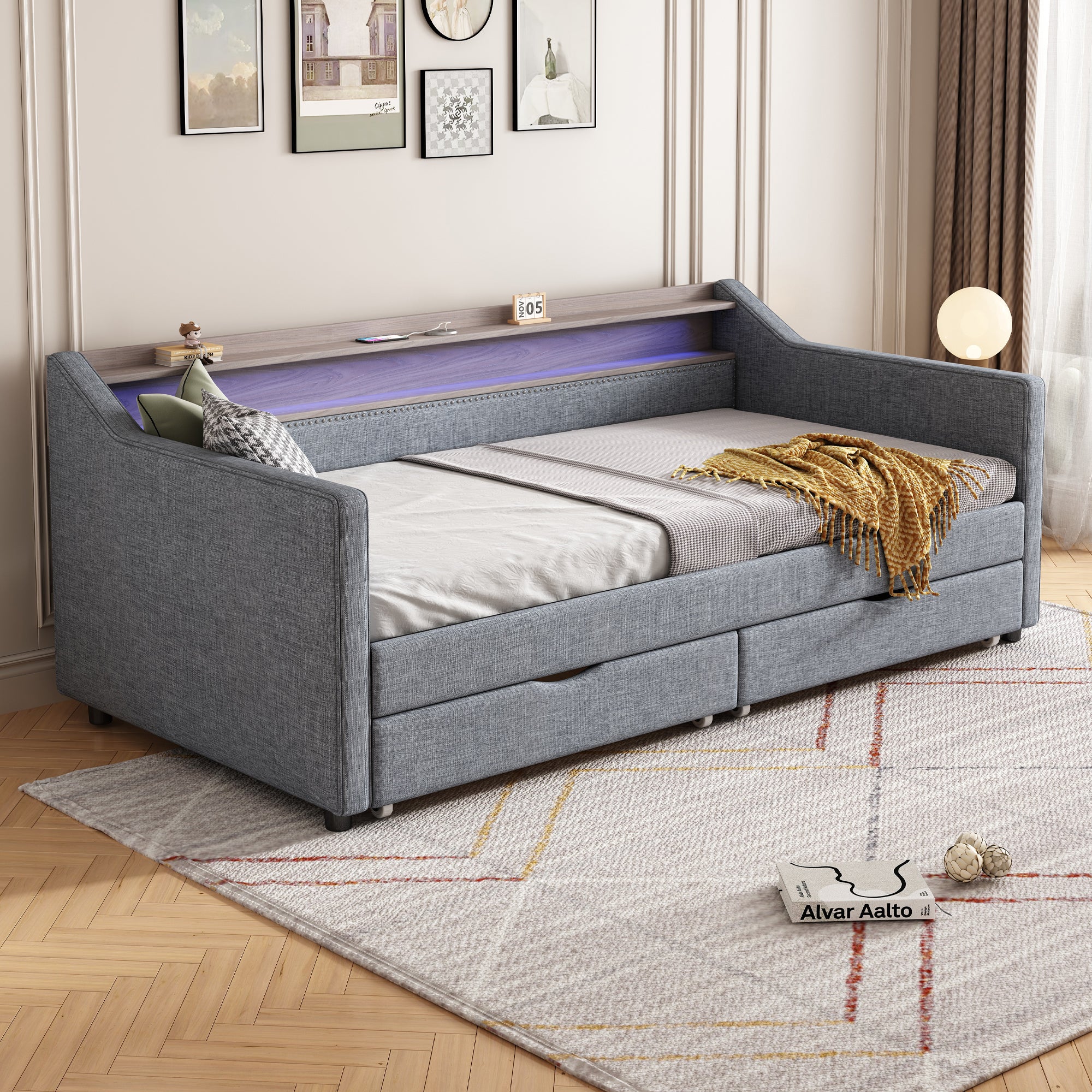 Twin Size Daybed with 2 Storage Drawers and 2-Tier Shelf & /USB/Type-C Port, Modern Linen Upholstered Sofa Day Bed Frame with  Smart LED Light for Livingroom, Apartment,Light grey - Grand Goldman Shop
