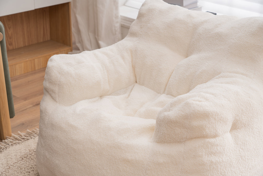 Ivory White Soft Teddy Fabric Tufted Foam Bean Bag Chair with Memory Sponge - Grand Goldman Shop