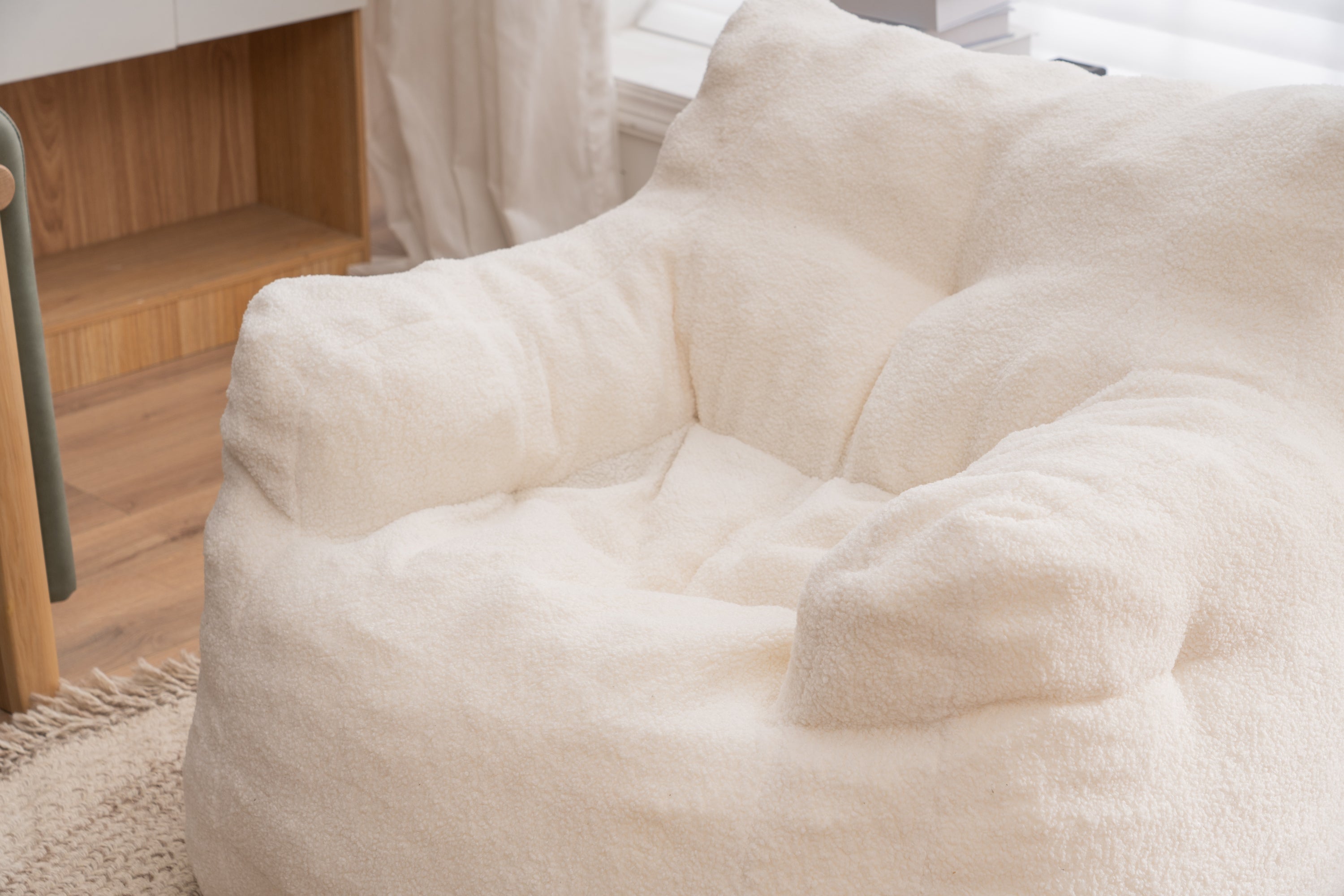 Ivory White Soft Teddy Fabric Tufted Foam Bean Bag Chair with Memory Sponge - Grand Goldman Shop