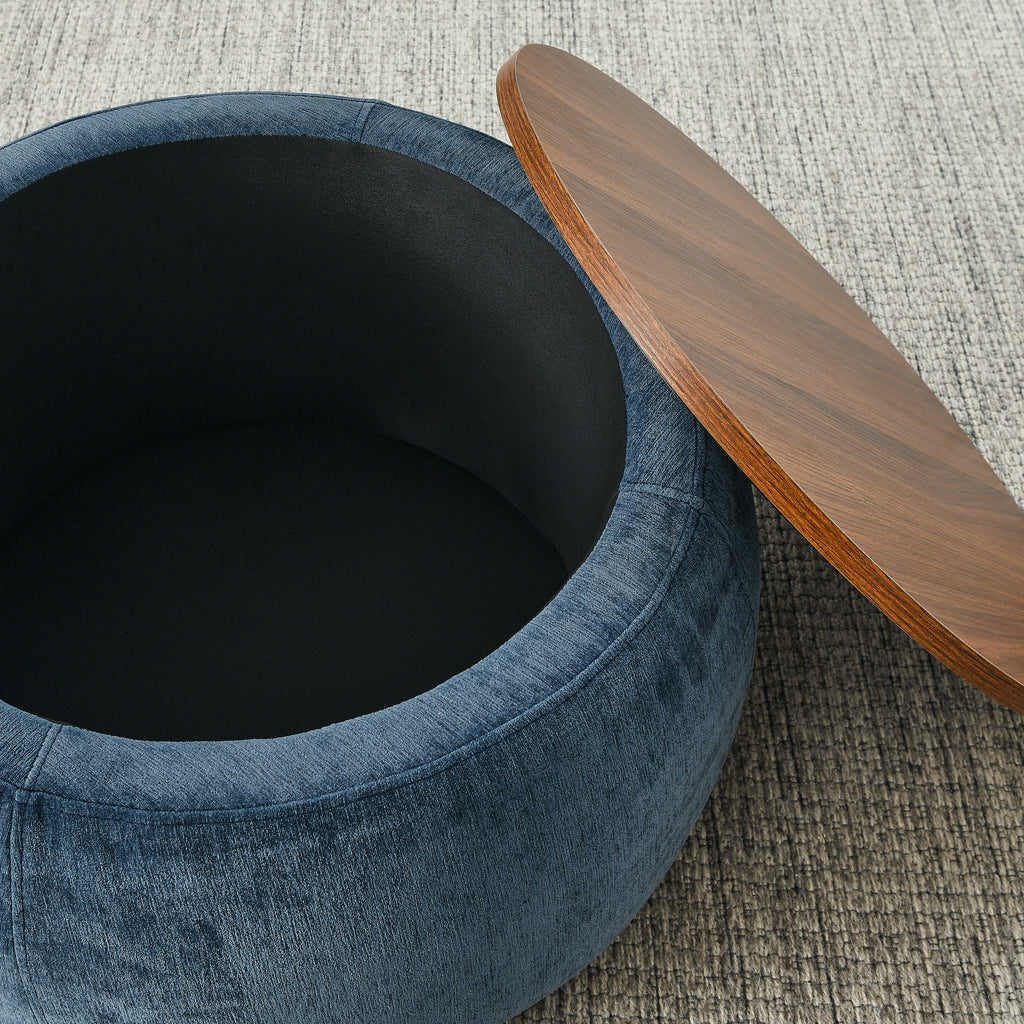 Dark Blue Round Storage Ottoman with 2 in 1 Function as End Table and Ottoman, Eucalyptus Wood and Foam, 25'x25'x14.7' - Grand Goldman Shop