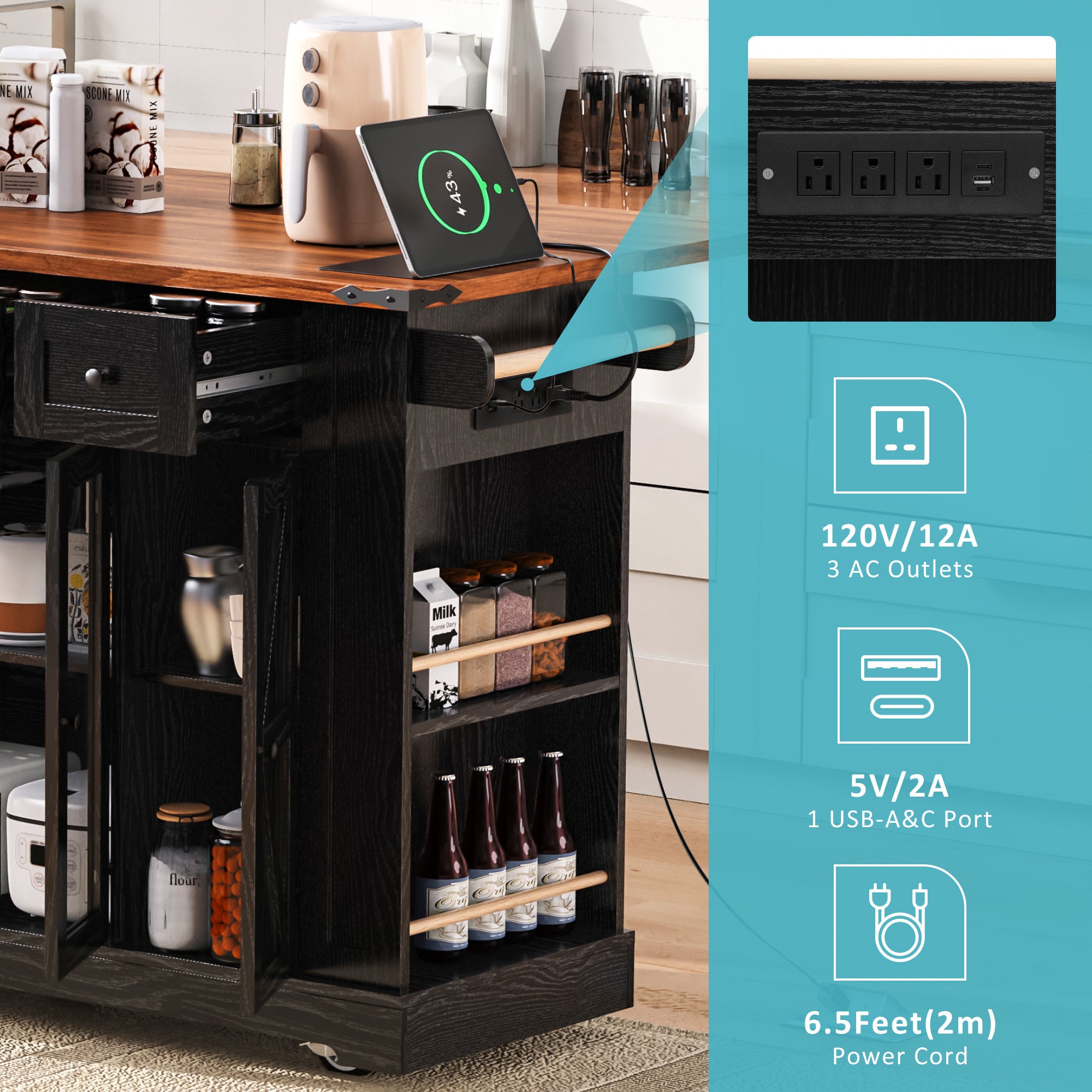 K&K 53'' Farmhouse Kitchen Island with Two Tempered Glass Cabinet Doors, Power Outlet, Rolling Kitchen Cart on Wheels with Drop Leaf, 5 Open Side Racks, 3 Drawers, for Kitchen, Dining Room, Black - Grand Goldman Shop