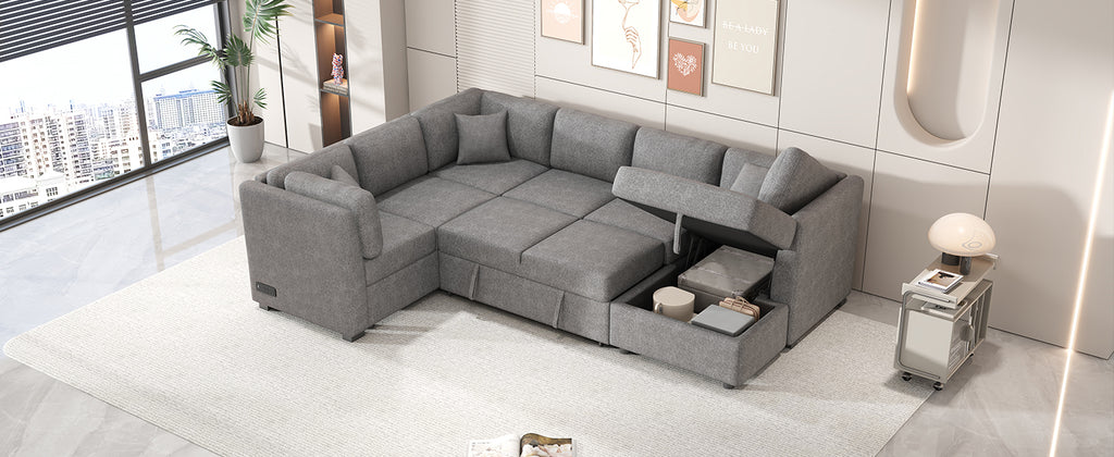 U-shaped Sectional Sofa Pull out Sofa Bed with USB Ports, Power Sockets, Storage Chaise, Light Gray Chenille, 108.6' - Grand Goldman Shop