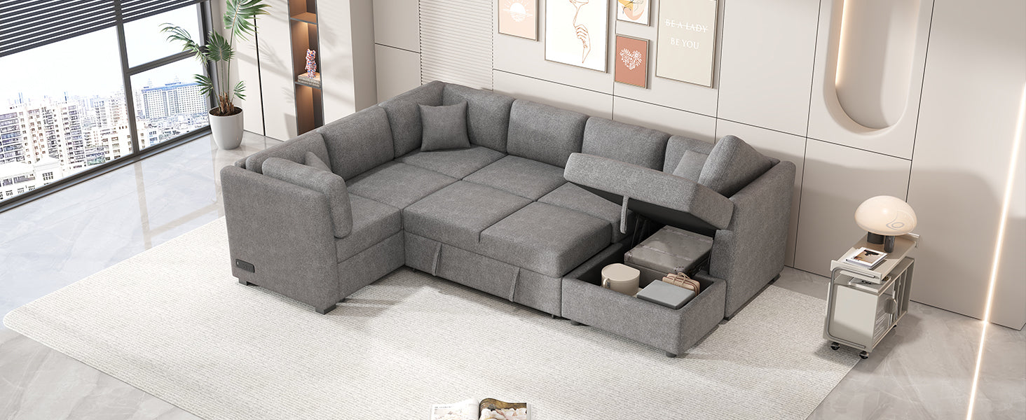 U-shaped Sectional Sofa Pull out Sofa Bed with USB Ports, Power Sockets, Storage Chaise, Light Gray Chenille, 108.6' - Grand Goldman Shop