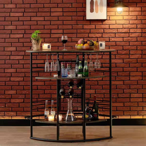 Oval Bar Table with Wood Counter Top and Wine Rack Storage, Wine Bakers Rack for Dining Room, Brown - Grand Goldman Shop