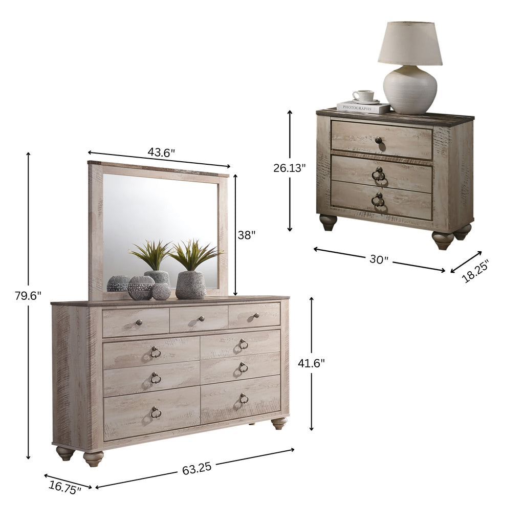 Imerland Contemporary White Wash Finish 4-Piece Bedroom Set-Queen Bed, Dresser, Mirror, Nightstand - Grand Goldman Shop