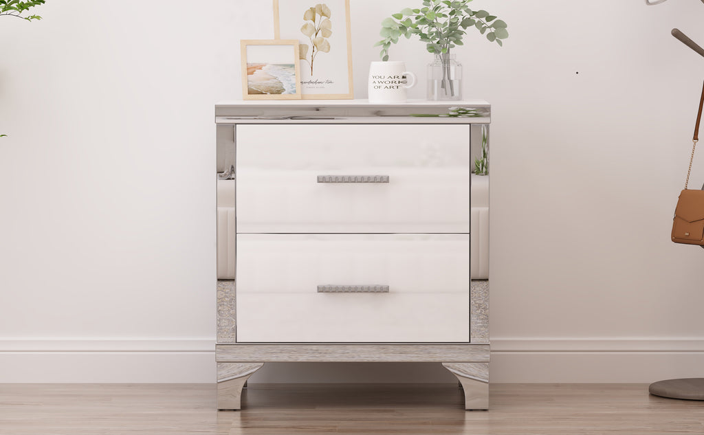 Elegant High Gloss Nightstand with Metal Handle,Mirrored Bedside Table with 2 Drawers for Bedroom,Living Room,White - Grand Goldman Shop