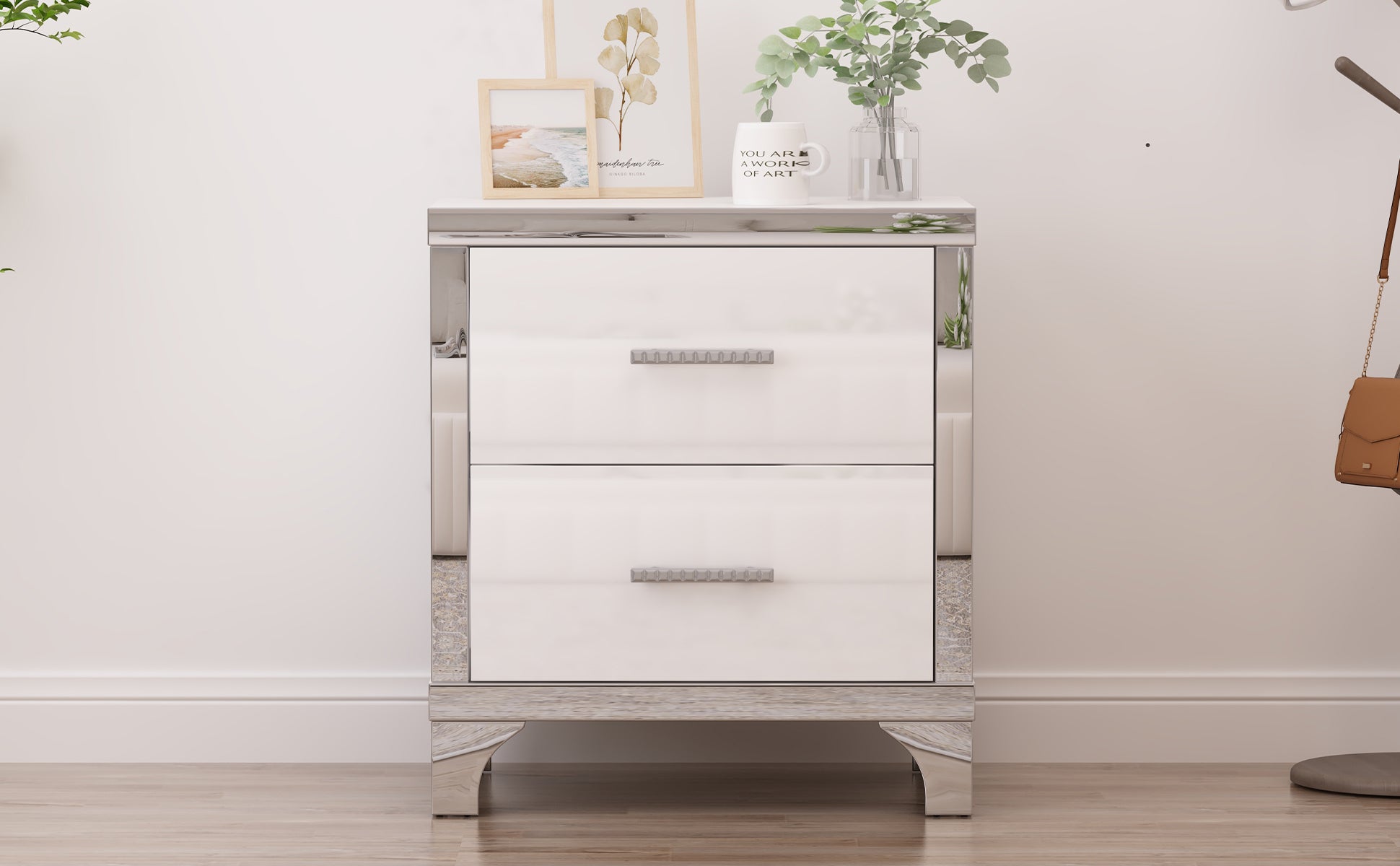 Elegant High Gloss Nightstand with Metal Handle,Mirrored Bedside Table with 2 Drawers for Bedroom,Living Room,White - Grand Goldman Shop