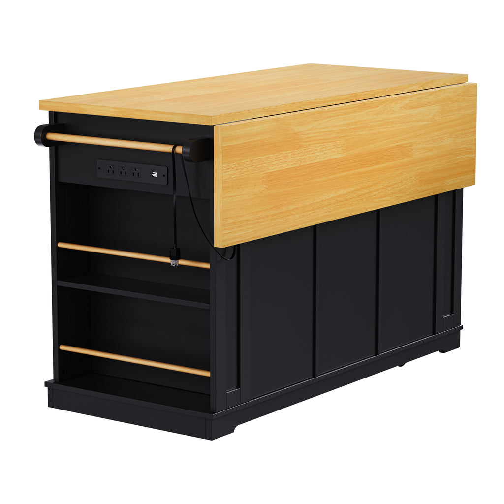 K&K 53inch Large Kitchen Island with 2 Bar Stools, Power Outlet,Door Internal Storage Rack, Kitchen Storage Cart on 5 Wheels with Drop Leaf, 5 Open Side Racks, 3 Drawers,Black (Three Packages) - Grand Goldman Shop
