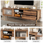 Modern Walnut TV Stand for 75+ TV, 70' Media Console with 2 Glass Doors, 2 Drawers & Storage Cabinet, MDF and Solid Wood Construction - Grand Goldman Shop