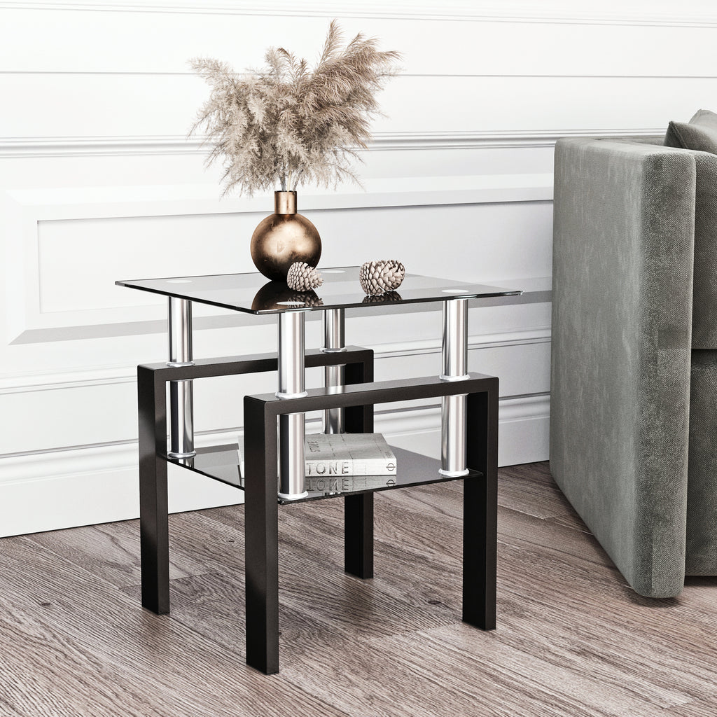 Modern Tempered Glass Tea Table Coffee Table End Table, Black, Square, 1-Piece for Living Room - Grand Goldman Shop