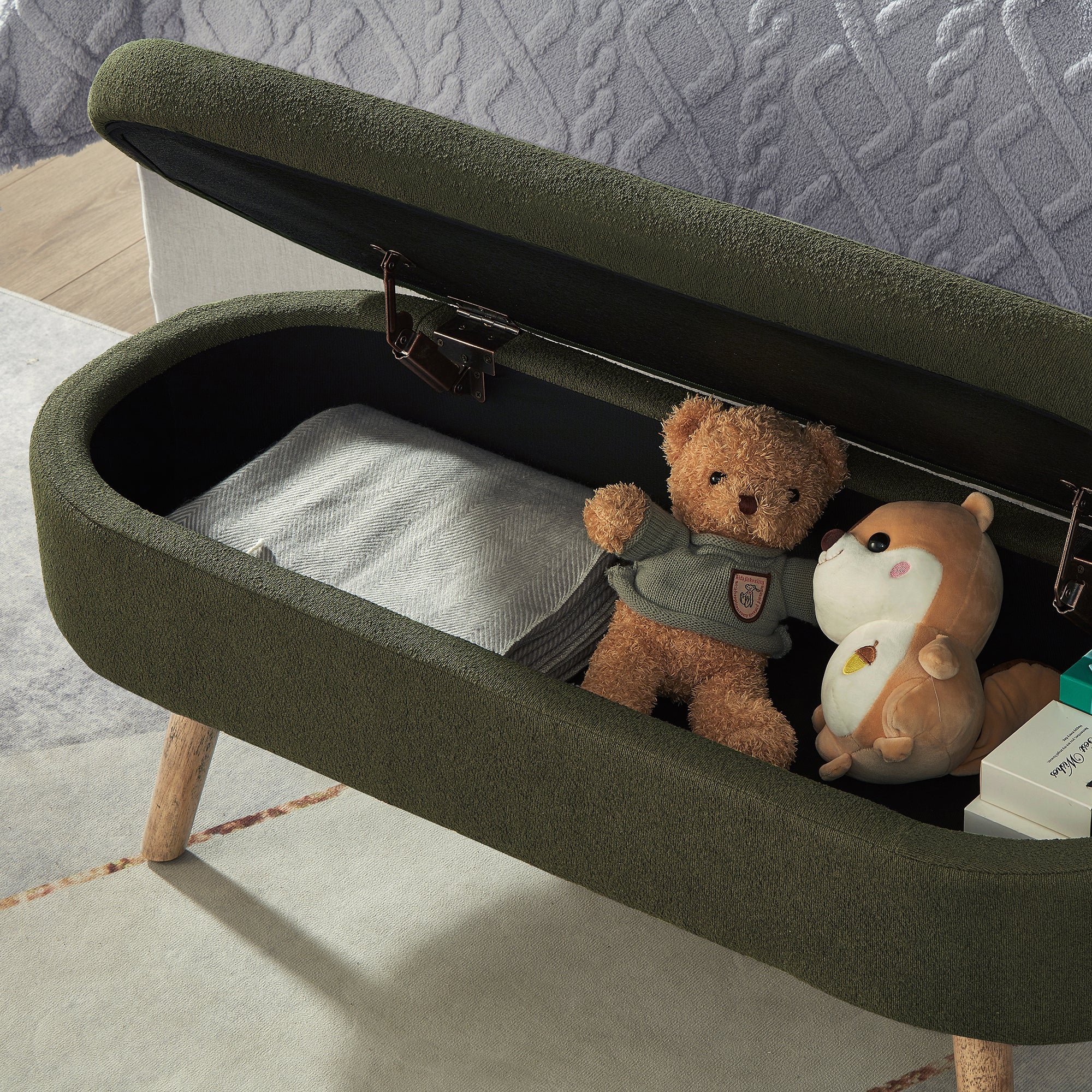 Luxury Oval Boucle Storage Ottoman Bench with Wood Legs 350lb Weight Capacity & Safety Hinge, for Living Room, Bedroom Entryway,DARK GREEN - Grand Goldman Shop