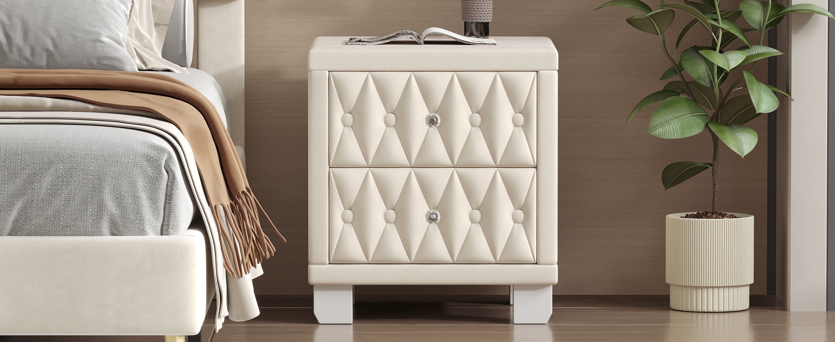 Elegant Velvet Nightstand with 2 Drawers and Crystal Handle, Storage Bedside Table with Button-Tufted, Beige - Grand Goldman Shop