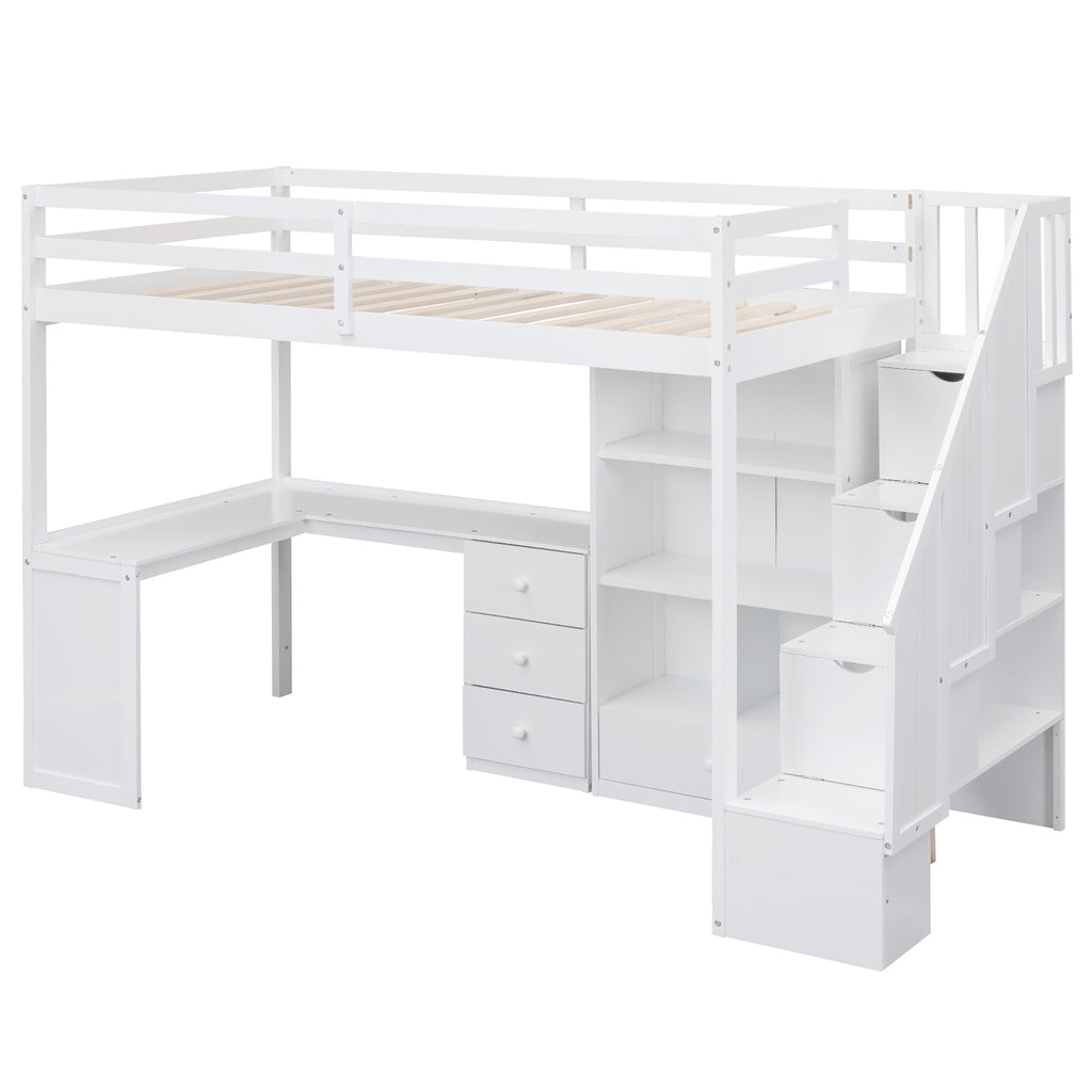 White Twin Size Loft Bed with L-Shaped Desk, Drawers, Cabinet, and Storage Staircase - Pine Wood & MDF - Grand Goldman Shop