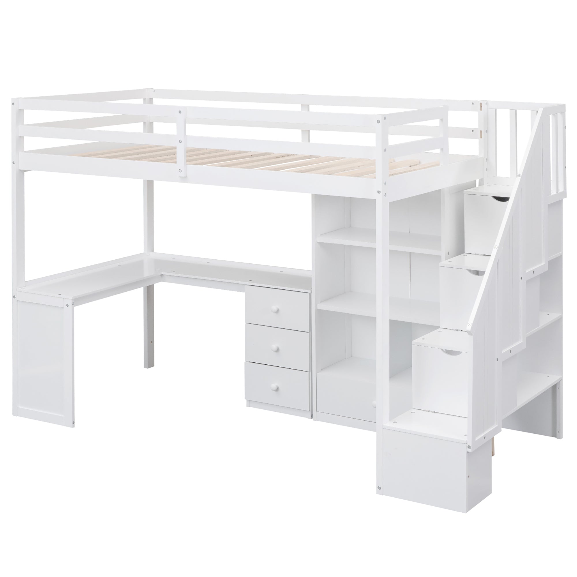 White Twin Size Loft Bed with L-Shaped Desk, Drawers, Cabinet, and Storage Staircase - Pine Wood & MDF - Grand Goldman Shop