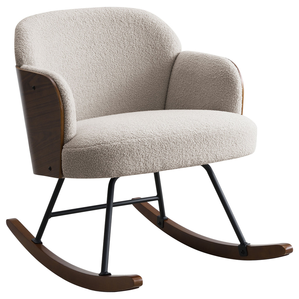 Valera Beige Boucle Upholstered Mid Back Rocking Chair with Walnut-Finished Frame and Wooden Rockers - Grand Goldman Shop