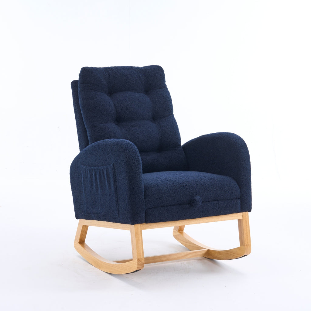LY-5104 Accent Rocking Chair with Footrest & Storage Pocket, Deep Navy Blue High-Back Rocker, Rubber Wood Lounge Chair for Nursery Living Room, 38.36'W x 26.77'D x 39.76'H - Grand Goldman Shop