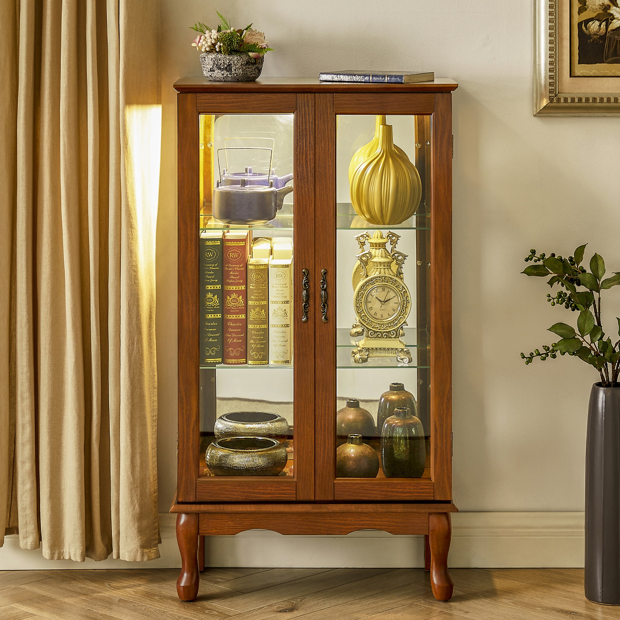 Lighted Curio Cabinet with Adjustable Shelves, Mirrored Back Panel, and Tempered Glass Doors, 3-Tier Oak Finish - Grand Goldman Shop