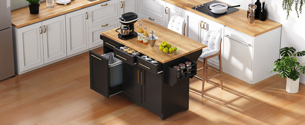 K&K 59.3' Kitchen Island with Storage 2 Pull Out Cabinet Organizers & Rubber Wood Drop Leaf, Rolling Kitchen Island with Trash Can Storage, Power Outlet, Spice & Towel Rack for Kitchen, Dining, Black - Grand Goldman Shop