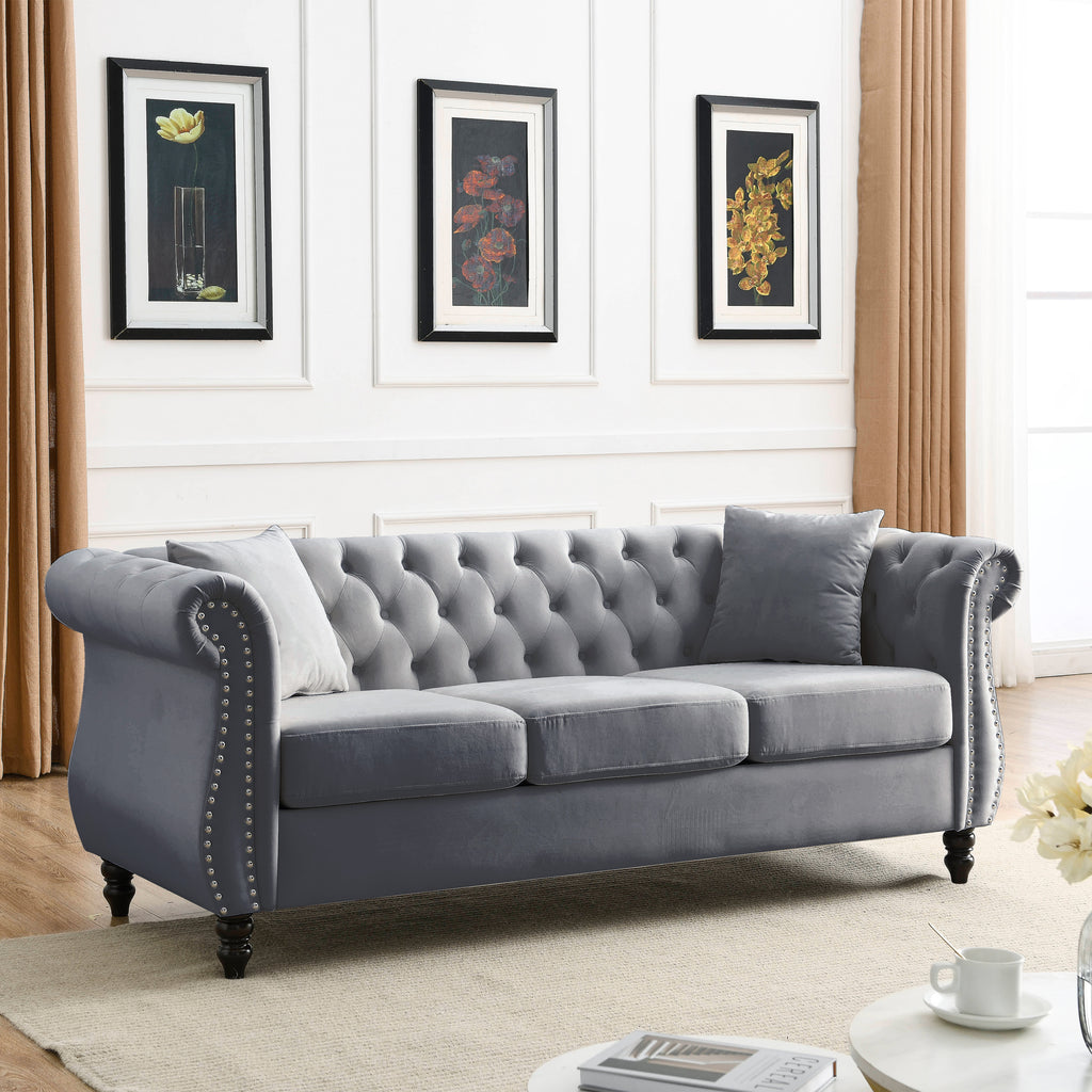 Grey Velvet 3-Seater Chesterfield Sofa with Rolled Arms and Nailhead Trim, Tufted Couch for Living Room, Bedroom, Office, Apartment, Includes Two Pillows - Grand Goldman Shop