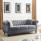 Grey Velvet 3-Seater Chesterfield Sofa with Rolled Arms and Nailhead Trim, Tufted Couch for Living Room, Bedroom, Office, Apartment, Includes Two Pillows - Grand Goldman Shop