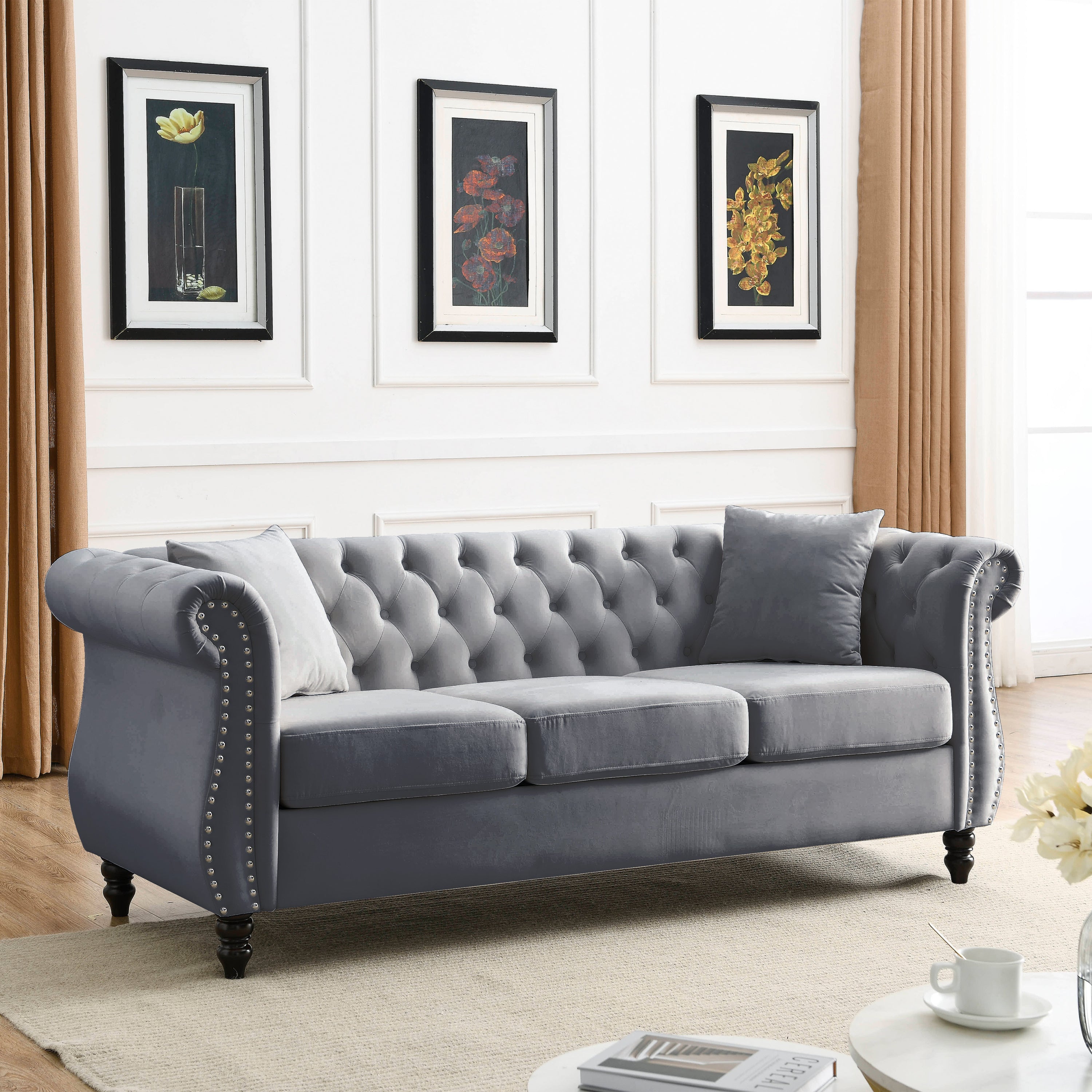 Grey Velvet 3-Seater Chesterfield Sofa with Rolled Arms and Nailhead Trim, Tufted Couch for Living Room, Bedroom, Office, Apartment, Includes Two Pillows - Grand Goldman Shop