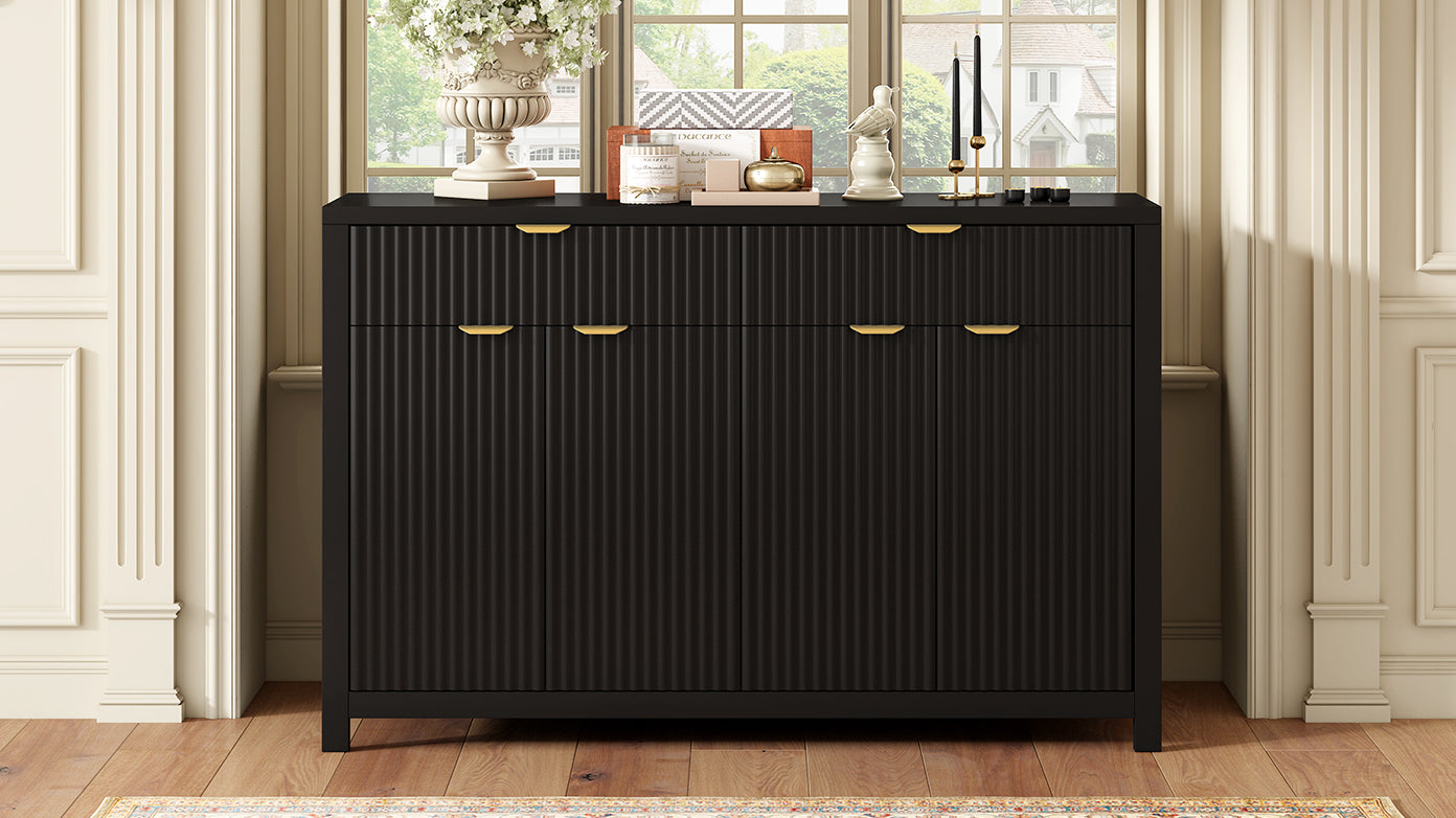 U_STYLE Modern 55.1'' Sideboard Buffet Cabinet with 2 Drawers & 4 Doors, Adjustable Shelves, Wave-Pattern Design, Aluminum Handles, Painted MDF, Scandinavian Storage for Dining Room, Living Room - Grand Goldman Shop