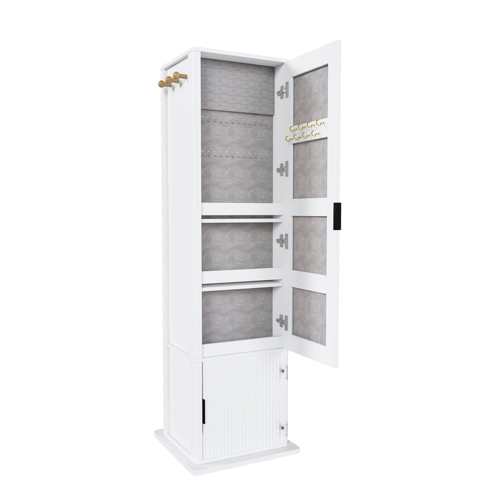 360° Rotating White Makeup Cabinet with Full-Length Mirror, Jewelry Storage, Coat Rack, 4 Open Shelves, 2 Built-In Shelves, MDF and Glass - Grand Goldman Shop