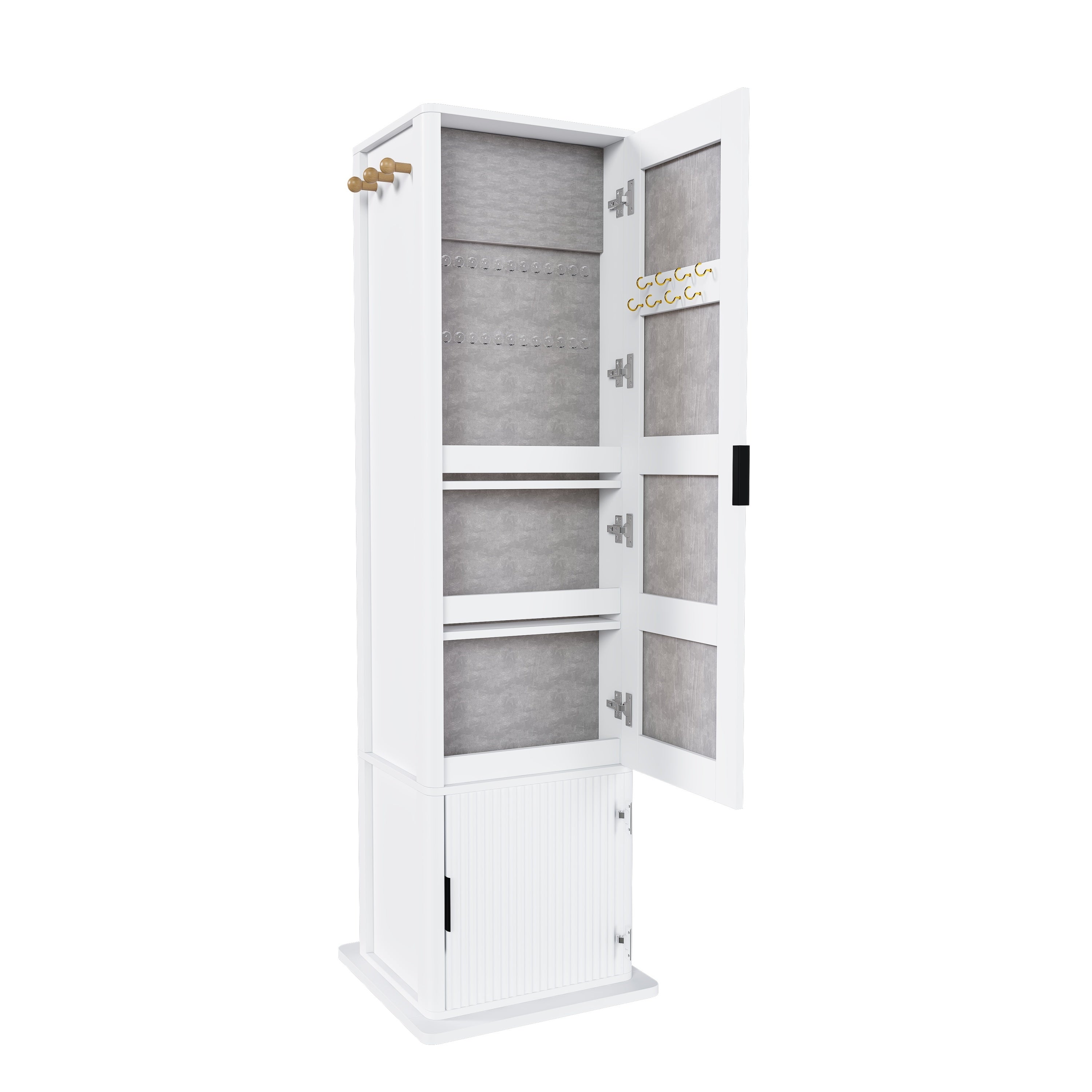 360° Rotating White Makeup Cabinet with Full-Length Mirror, Jewelry Storage, Coat Rack, 4 Open Shelves, 2 Built-In Shelves, MDF and Glass - Grand Goldman Shop