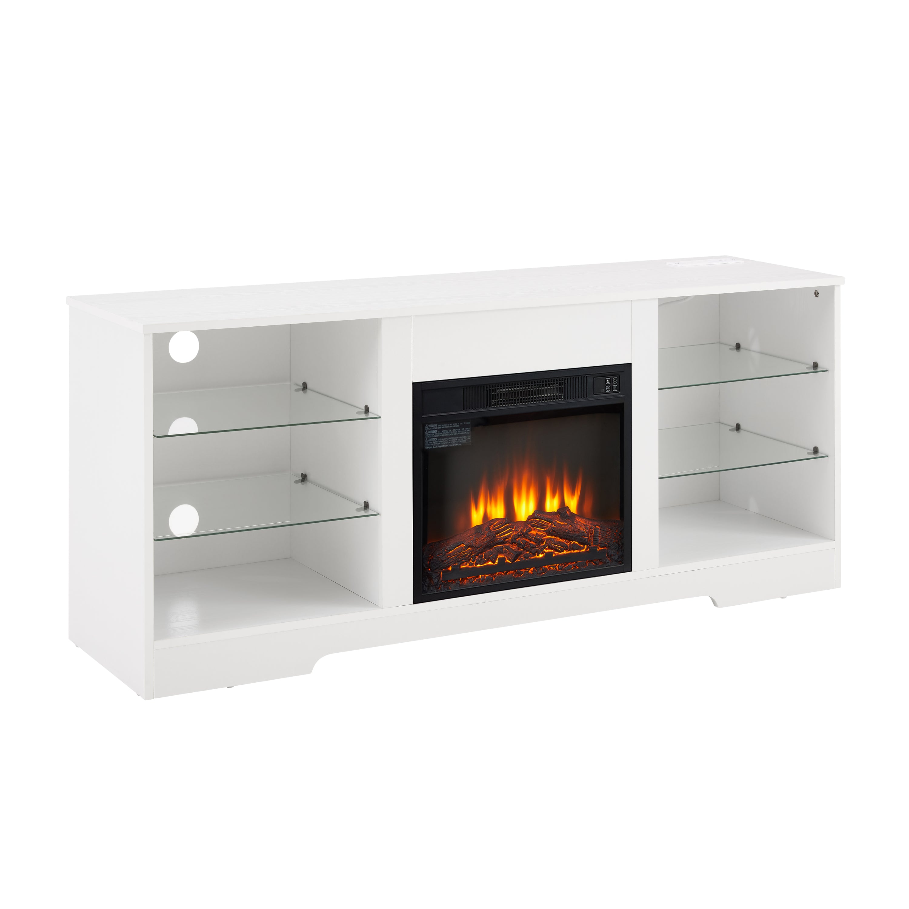 TV Stand Electric Fireplace  Glass Shelves, 3D Fireplace TV Stand with LED Lights Wood with USB Charging Outlet Modern Television Table Center for TV up to 62' White, 58''W*15.4''D*24.6 - Grand Goldman Shop