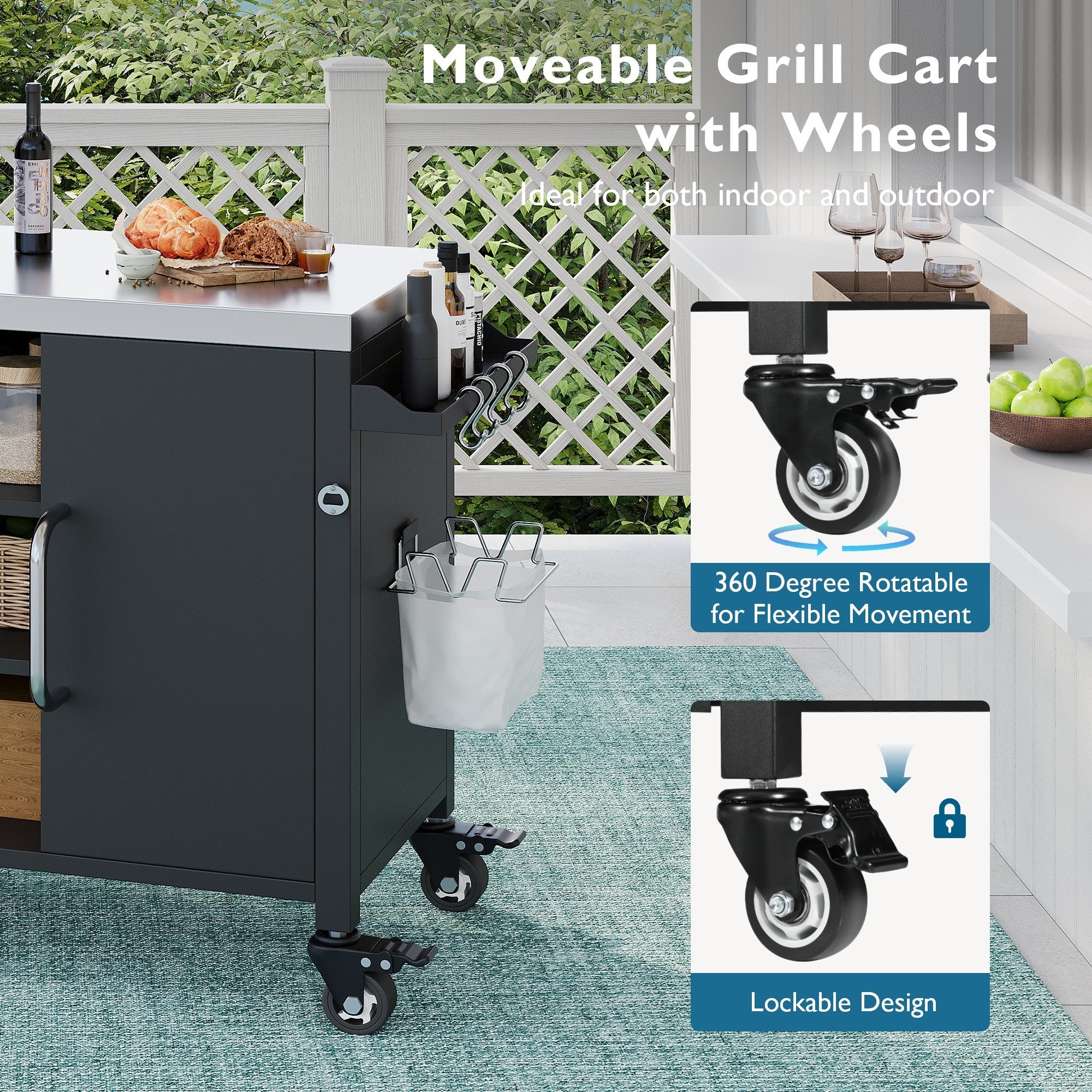 K&K 55.5' Outdoor Kitchen Island with Sink, Metal Grill Cart Table with 304 Stainless Steel Sink, Outdoor Bar Cart Sink Station with 4 Lockable Wheels for Pizza Prep & BBQ, L 55.5' x W 20' H 36.7' - Grand Goldman Shop