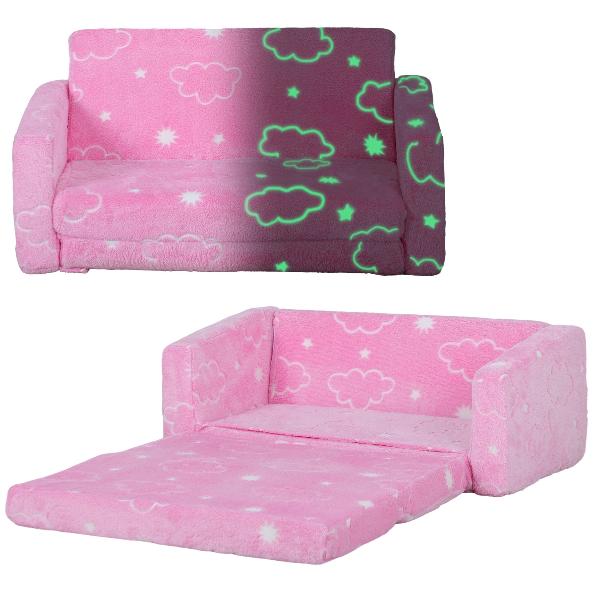 Qaba 2 in 1 Kids Sofa Chair, Toddler Couch with Glow in The Dark Cosmic Patten, Washable Cover, Fold Out Convertible Sofa to 
