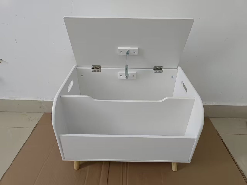 Wooden Toy Box with Front Bookshelf, Flip-Top Lid, Safety Hinge for Kids Room Organization in White, Solid Wood & MDF Constru