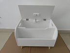 Wooden Toy Box with Front Bookshelf, Flip-Top Lid, Safety Hinge for Kids Room Organization in White, Solid Wood & MDF Constru