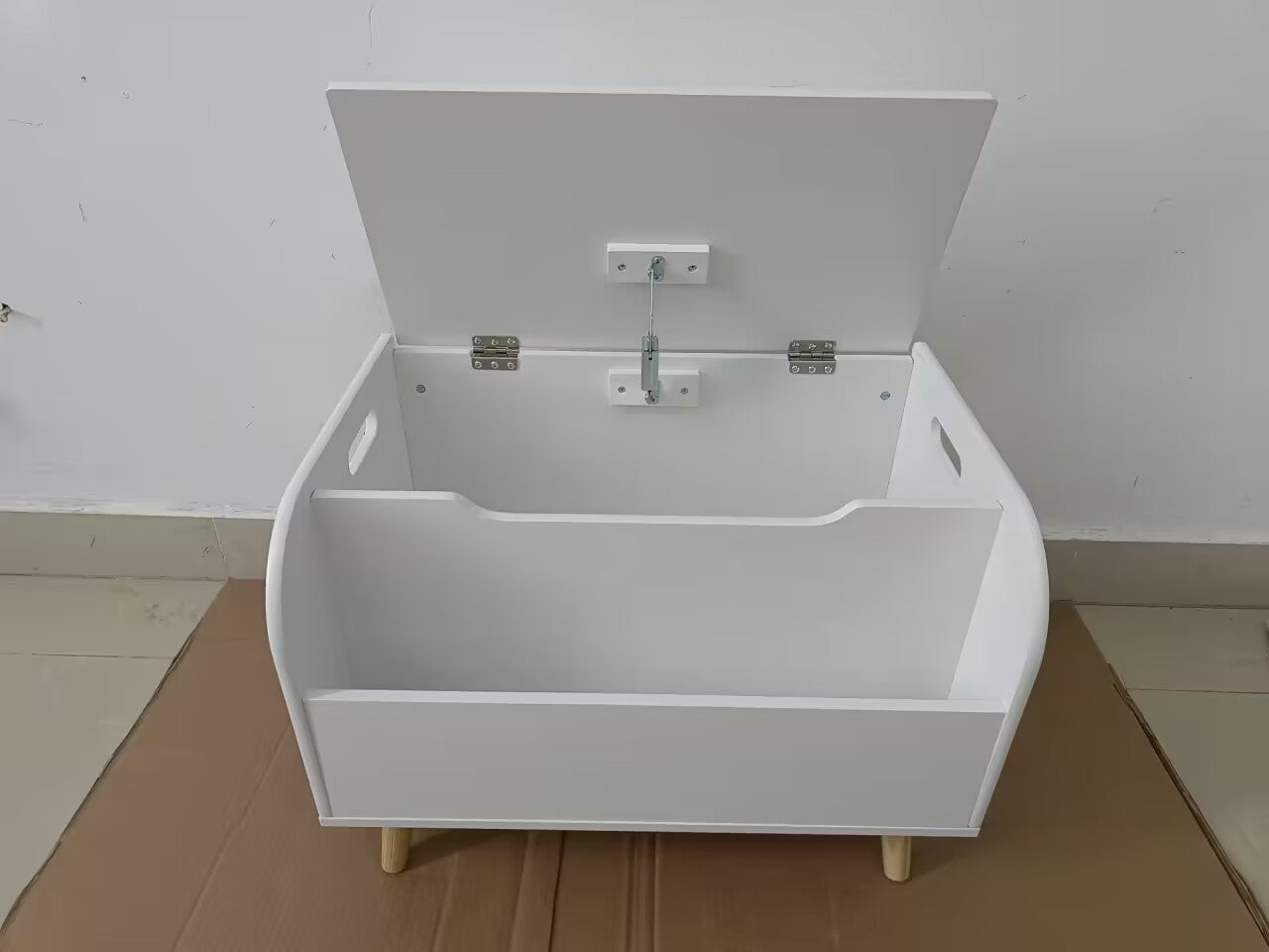 Wooden Toy Box with Front Bookshelf, Flip-Top Lid, Safety Hinge for Kids Room Organization in White, Solid Wood & MDF Constru