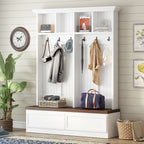 Farmhouse 4-in-1 Hall Tree with Wood Grain Bench, Mudroom Versatile Coat Rack with 2 Large Drawer, Entrance Organizer for Hallway, Living Room, White, 55.9'W (OLD SKU: N721P313099K) - Grand Goldman Shop