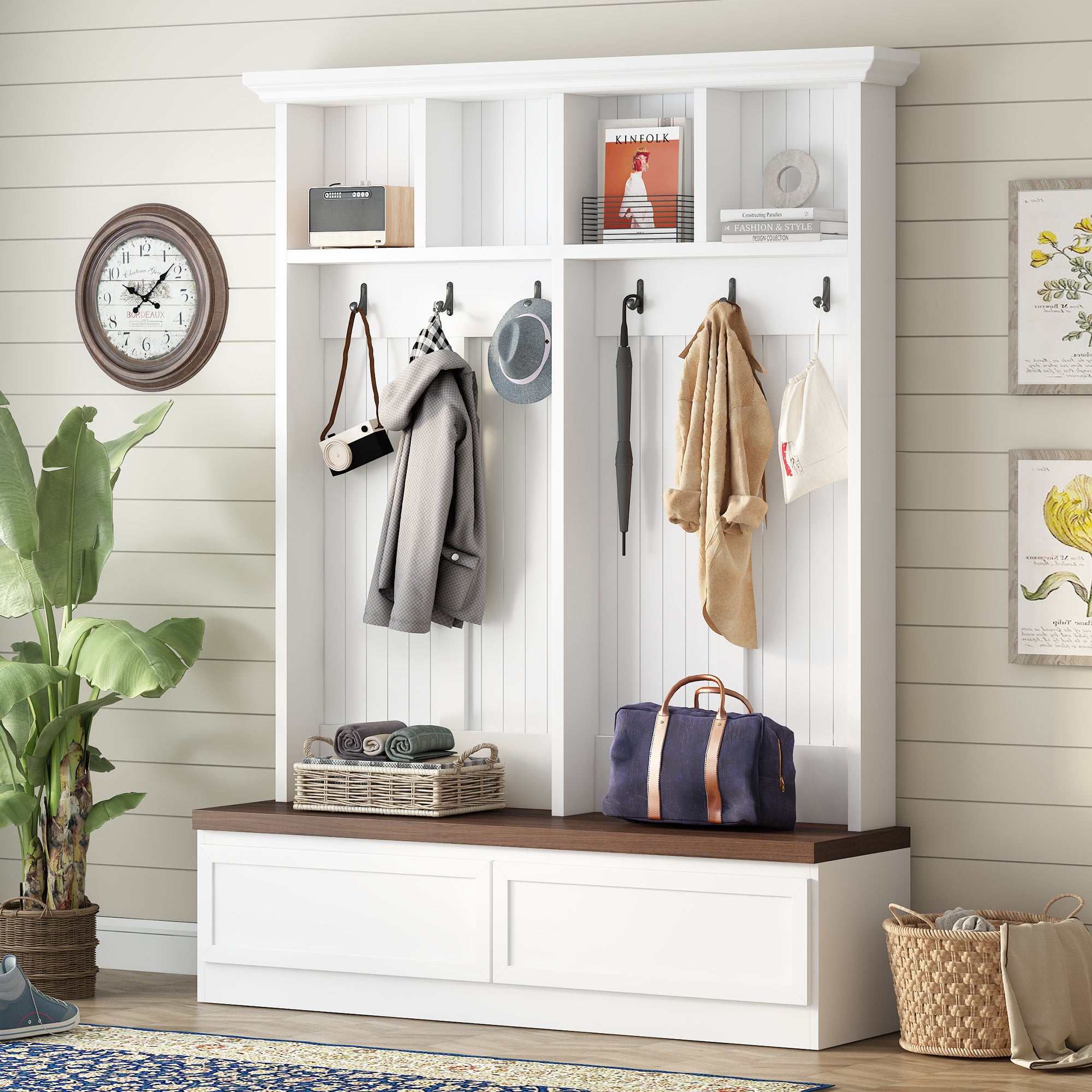 Farmhouse 4-in-1 Hall Tree with Wood Grain Bench, Mudroom Versatile Coat Rack with 2 Large Drawer, Entrance Organizer for Hallway, Living Room, White, 55.9'W (OLD SKU: N721P313099K) - Grand Goldman Shop