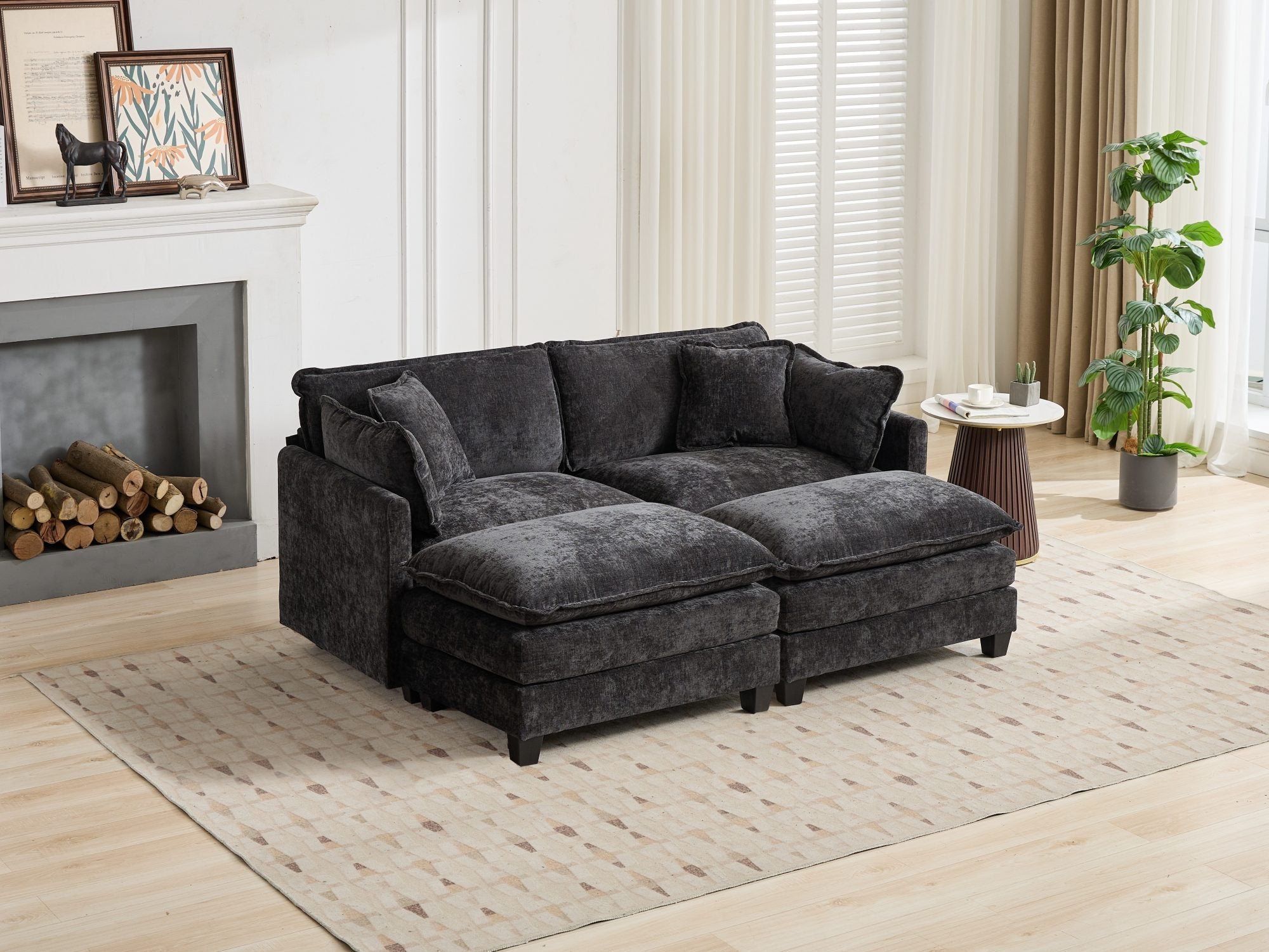 Cloud Sofa Ottoman only, Modern Sectional Couch, for Living Room Bedroom and Apartment, Comfy Double Layer Upholstered Seat Cushion, Breathable Chenille Fabric, Black - Grand Goldman Shop