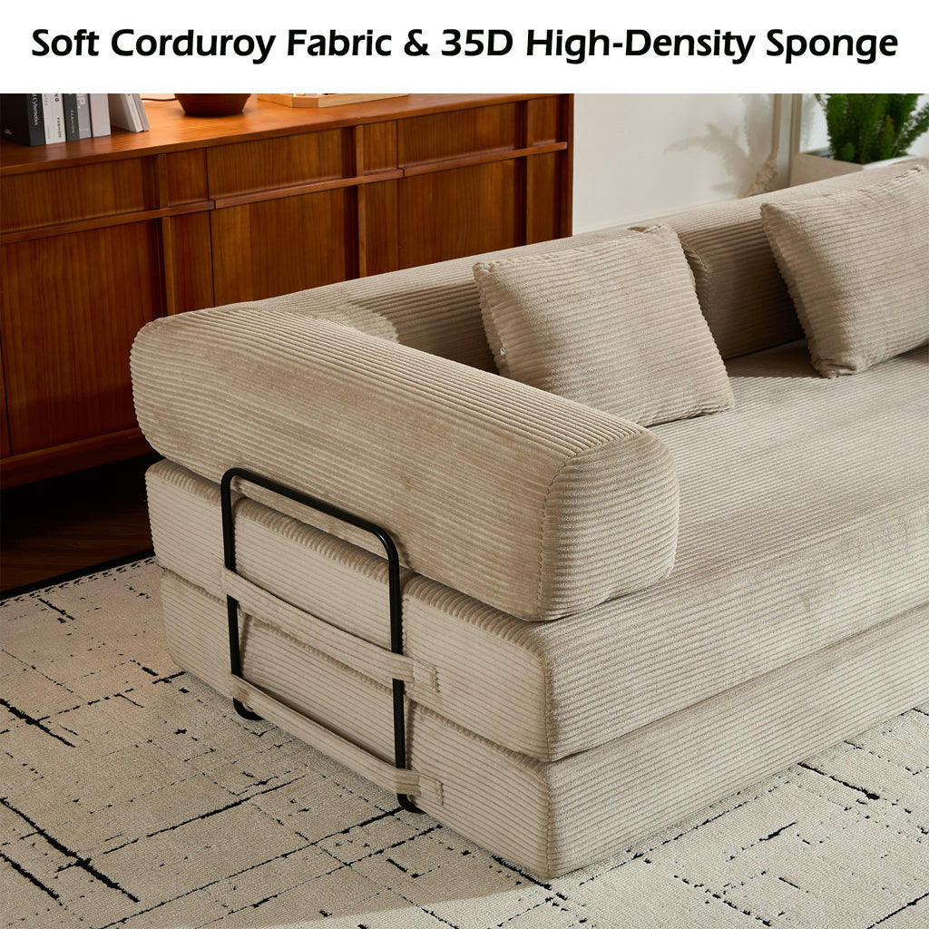 Convertible Sleeper Sofa Bed with Cylindrical Pillow, Corduroy Folding Mattress Couch with Fixed-Shape Frame, Floor Sofa Lounge Couch for Living Room Bedroom (Beige) - Grand Goldman Shop