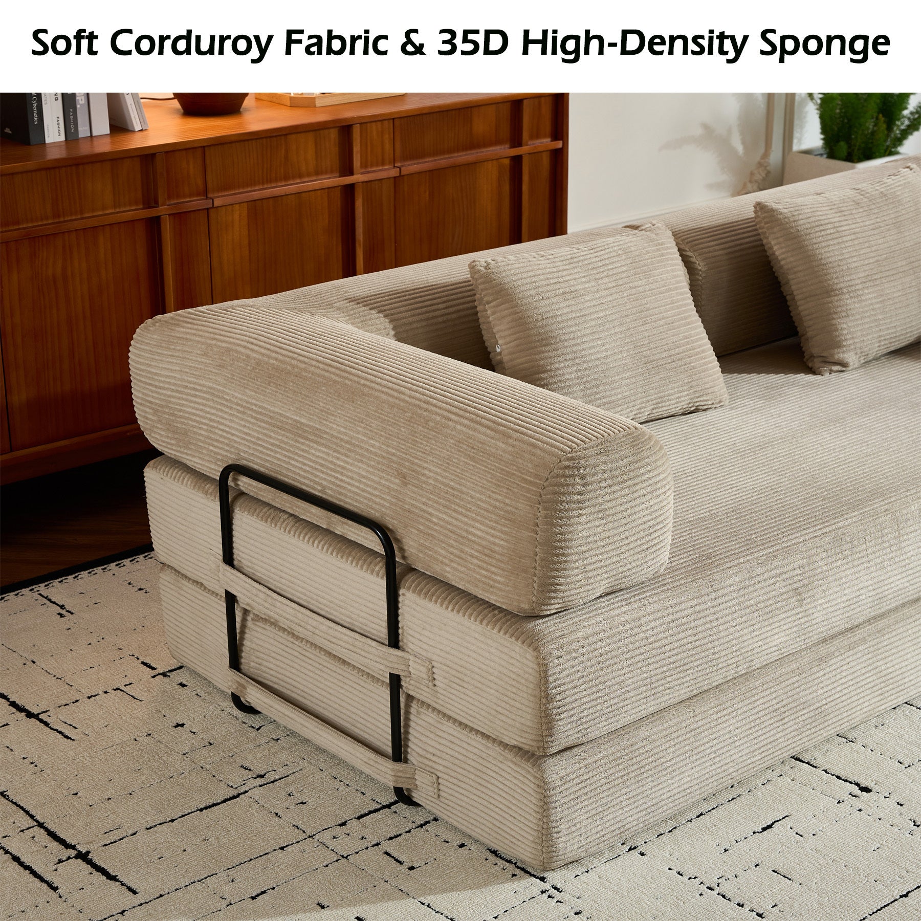 Convertible Sleeper Sofa Bed with Cylindrical Pillow, Corduroy Folding Mattress Couch with Fixed-Shape Frame, Floor Sofa Lounge Couch for Living Room Bedroom (Beige) - Grand Goldman Shop
