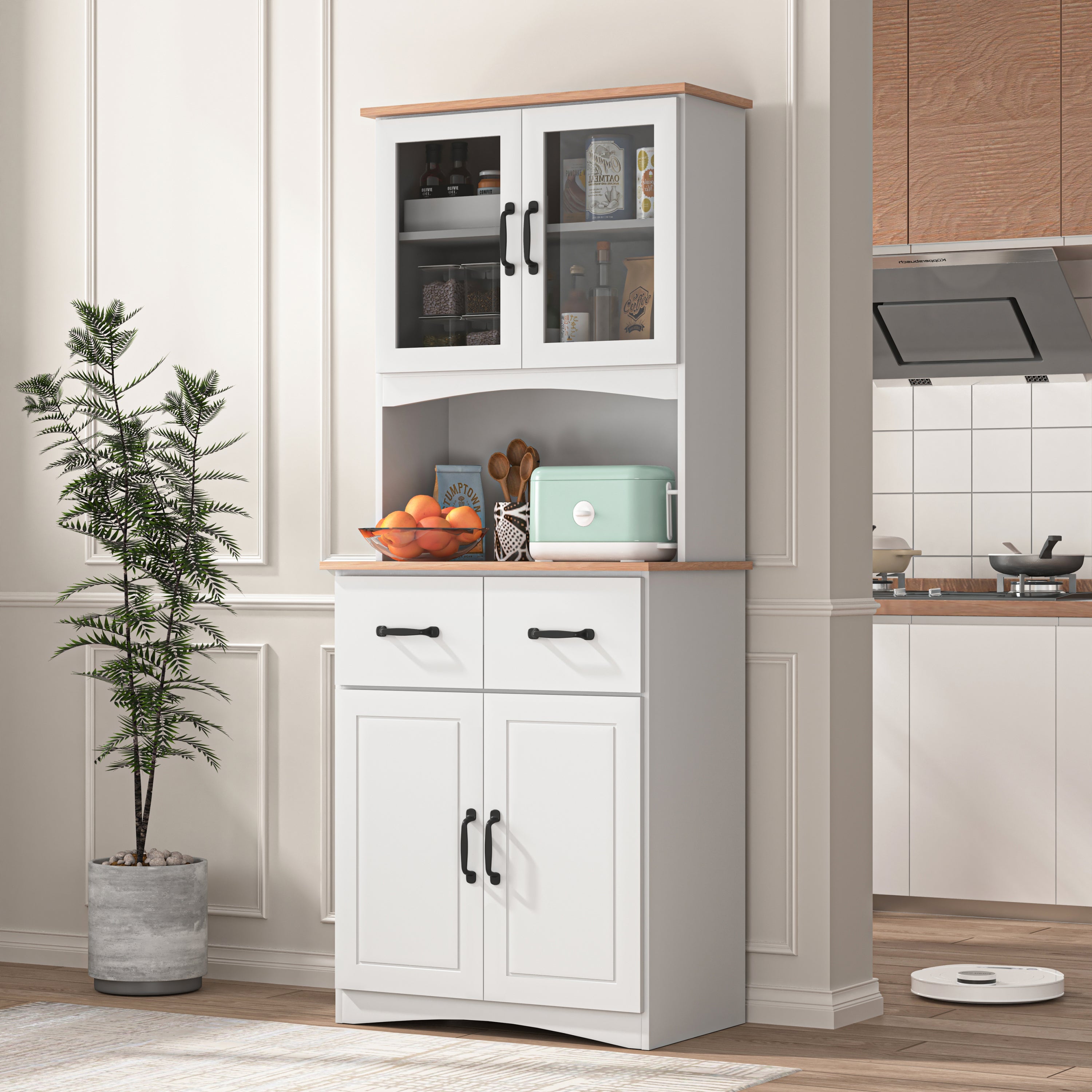 Wooden Kitchen Cabinet White Pantry Room Storage Microwave Cabinet with Framed Glass Doors and Drawer - Grand Goldman Shop