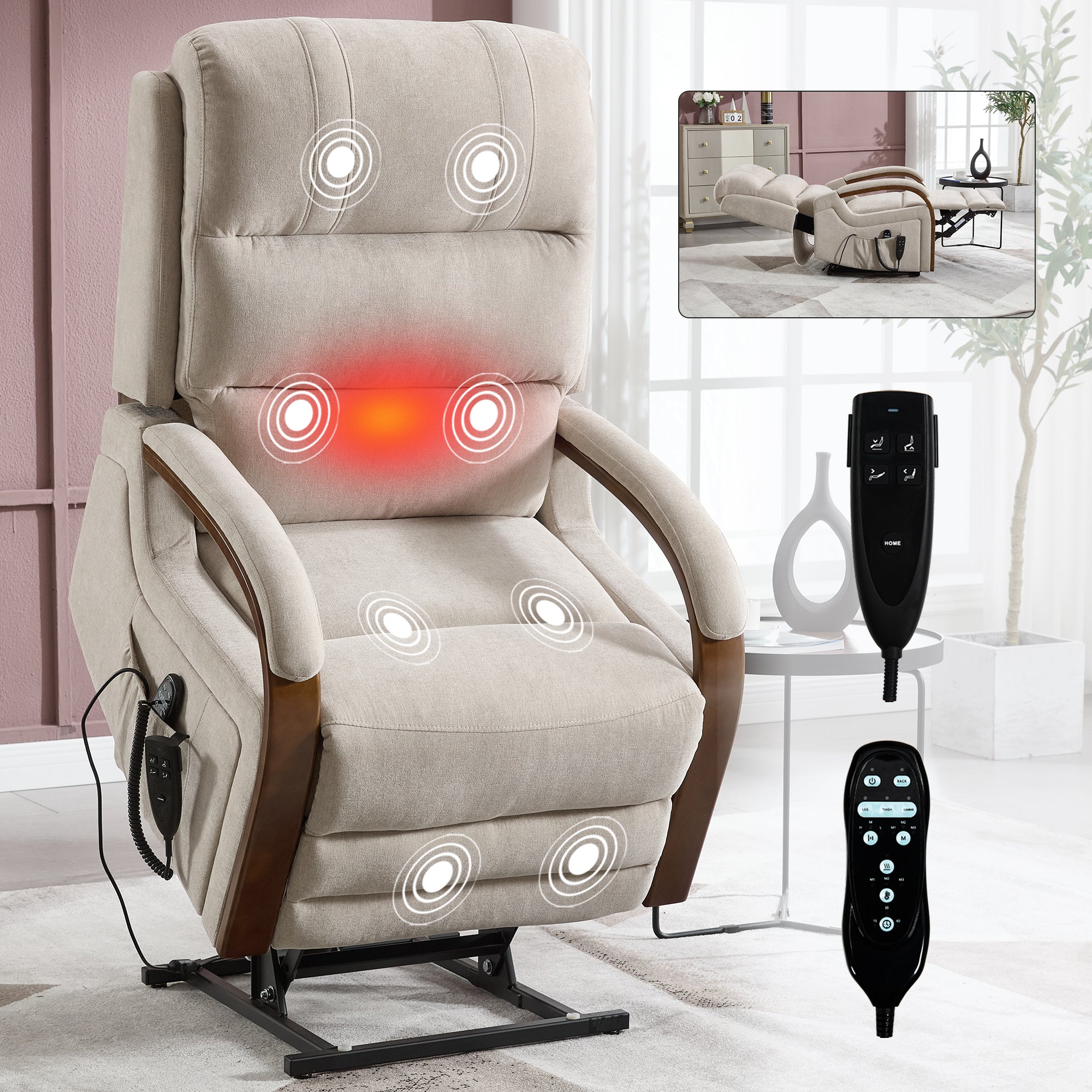 Power Beige Chenille Lift Recliner Chair Dual Motor Infinite Position Up to 350 LBS with Solid Wood Armrests, Heat Massage and Heavy Duty Motion Mechanism - Grand Goldman Shop